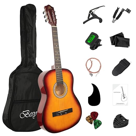 38in Beginner Acoustic Guitar Basic Starter Kit Tuner Bag Capo Strings Winders Strap Picks Student Kids Guitar Pickguard with Gig Bag Sunburst