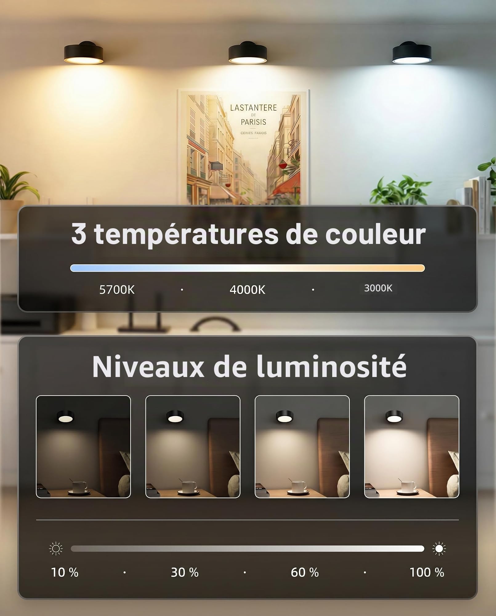 EZVALO Applique Murale Sans Fil Intérieure Rechargeable,5500mAh,LED à Intensité Réglable,3Températures de Couleur,Rotation à 360° et Commande Tactile pour Salon,Chambre,Chevet,Couloir, Noir (2 Pièces)