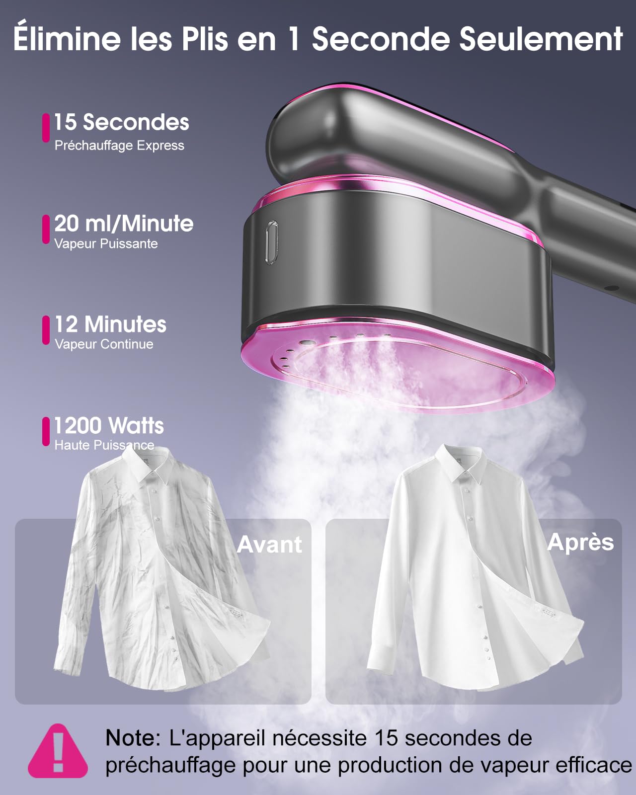 Défroisseur Vapeur de Voyage,1200W,20ml/min de Vapeur,Chauffage Express 15s, Autonomie 12 Min, 5 Modes,Grand Réservoir D'eau de 110 ml,Fer à Vapeur 2-en-1 pour Maison et Déplacements(Violet)
