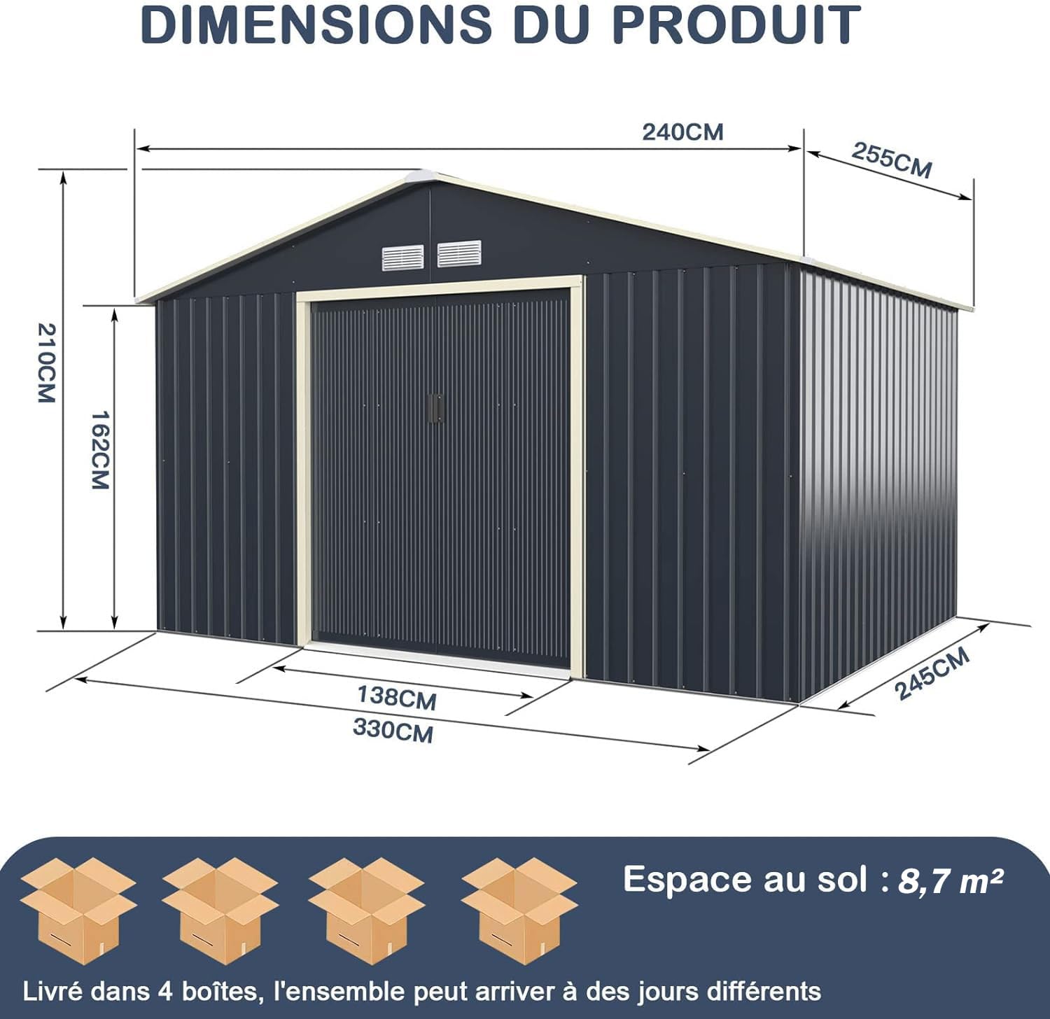 GOPLUS 8,08㎡ Abri de Jardin Métal Galvanisé, Cabine de Jardin Extérieur Portes Coulissantes, Résistant aux Intempéries, Cabane de Rangement à Outils, 16,97m³, 330 x 255 x 210 cm, Gris