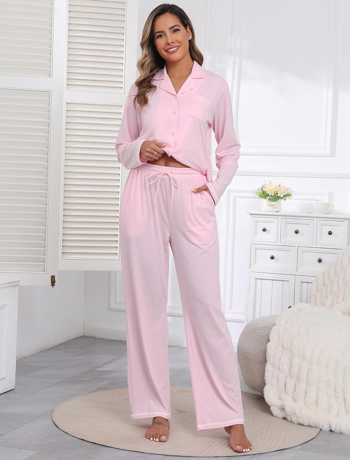 ZAFUL Womens Pajama Sets Soft Cotton Button-Down Pajamas Long Sleeve and Pant Pjs Sets 2 Piece Lounge Sets S-XXL - Image 2