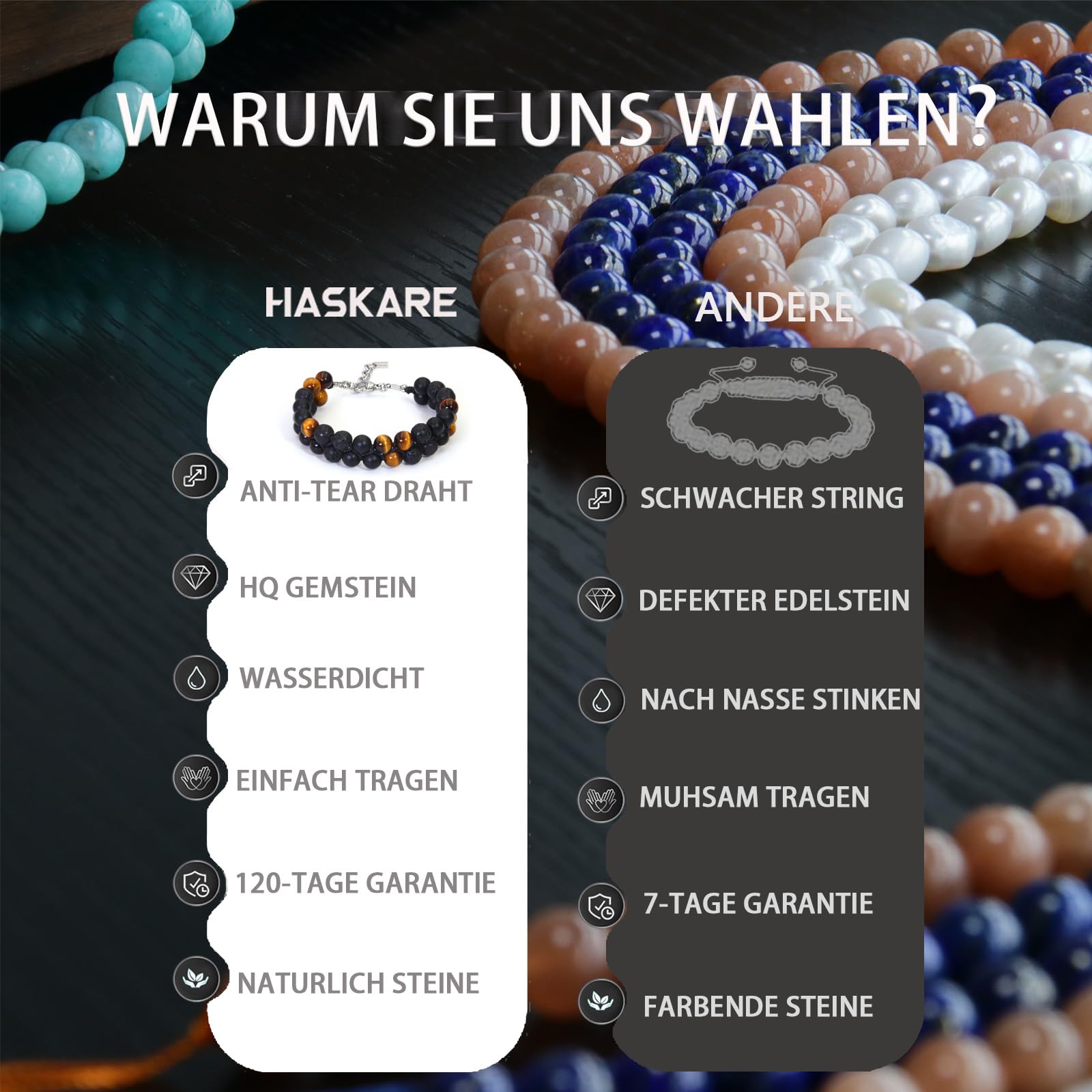 HASKARE Herren Mehrfach-Schutz Armband natürliche Edelsteine Tigerauge Onyx Hämatit Obsidian Lava, handgefertigt wasserdicht verstellbar Kristall-Armband, Spiritueller Schmuck für Vater und Ehemann