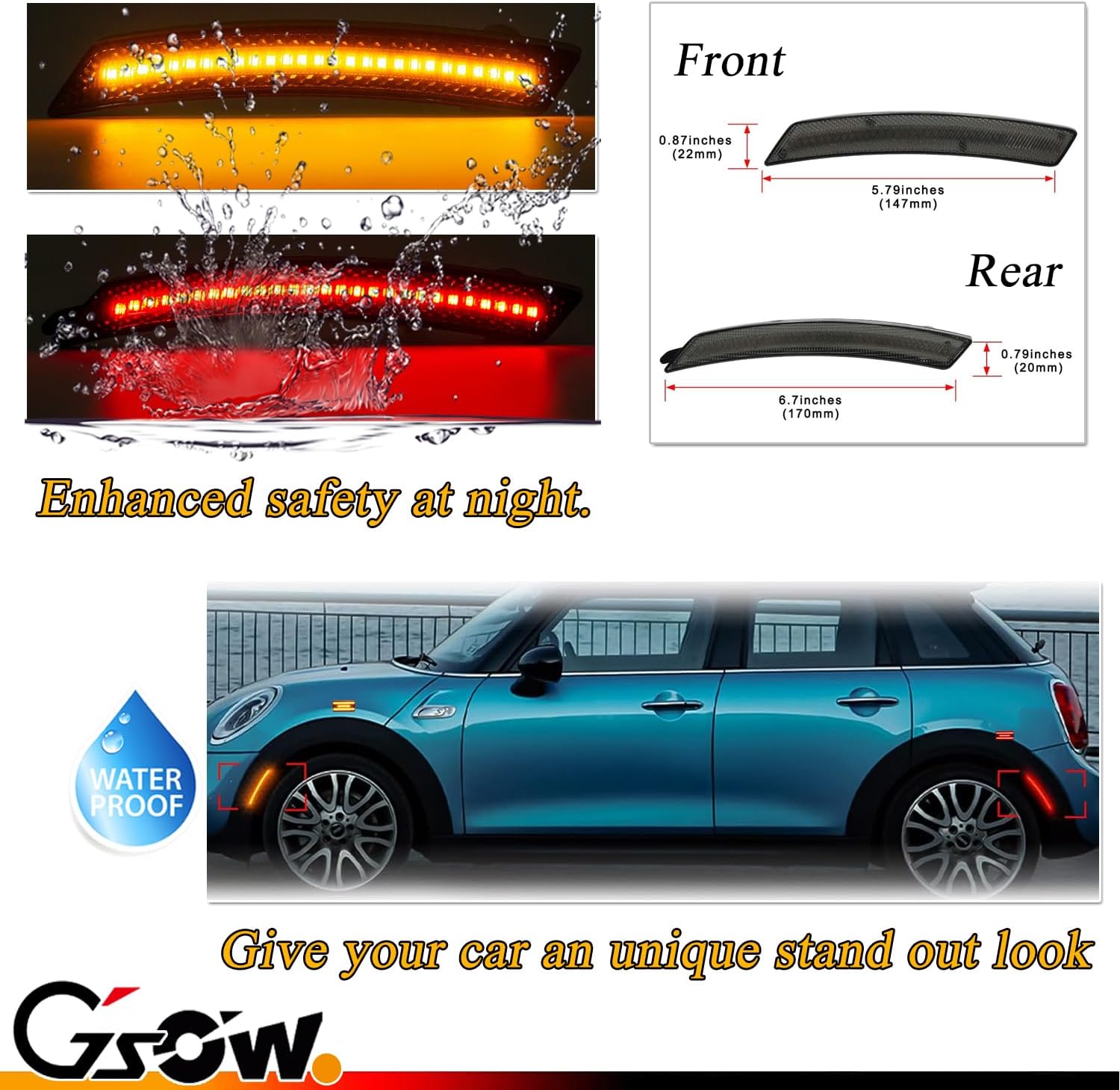 4 PCS Amber/Red Front Rear LED Side Marker Lights Assembly Replacement for 2007-2013/14 Mini Cooper R55 R56 R57 R58 R59 R60 R61, Smoked Lens Front Rear Bumper Marker Lamps Reflectors