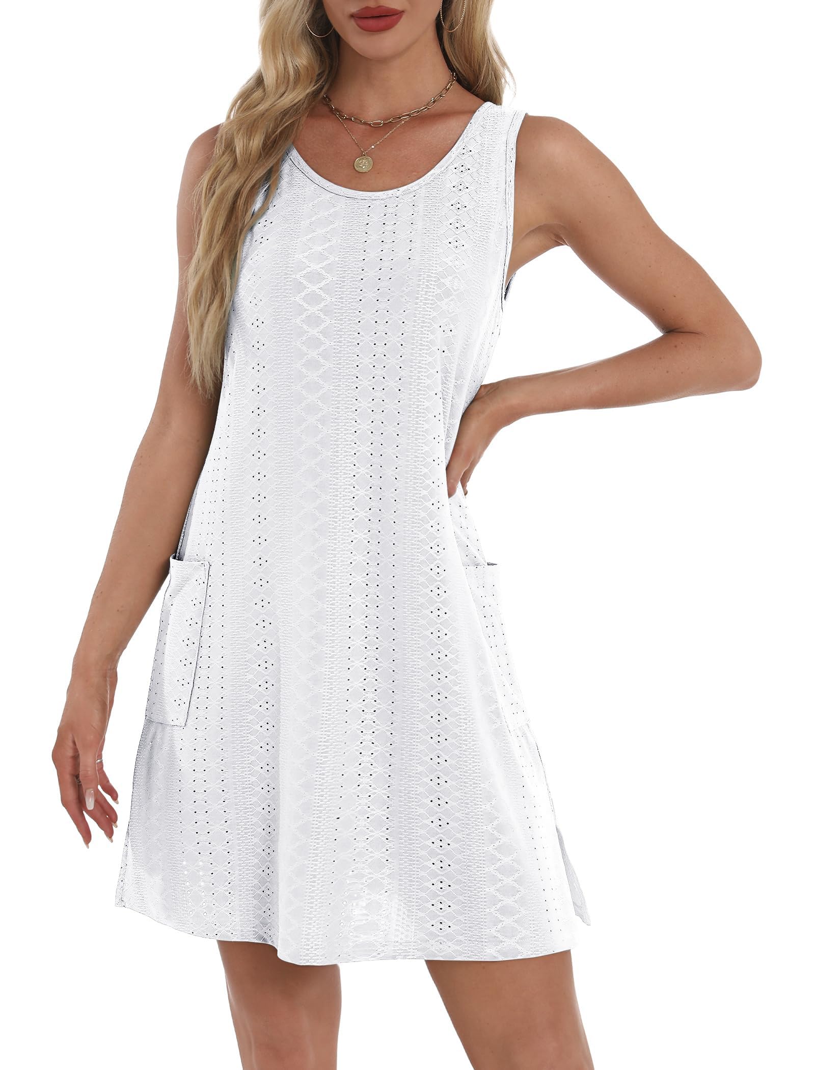 BKRIVE Coverup - Vestidos de verano para mujer, con ojales, casuales, sueltos, sin mangas, vestidos de verano con bolsillos