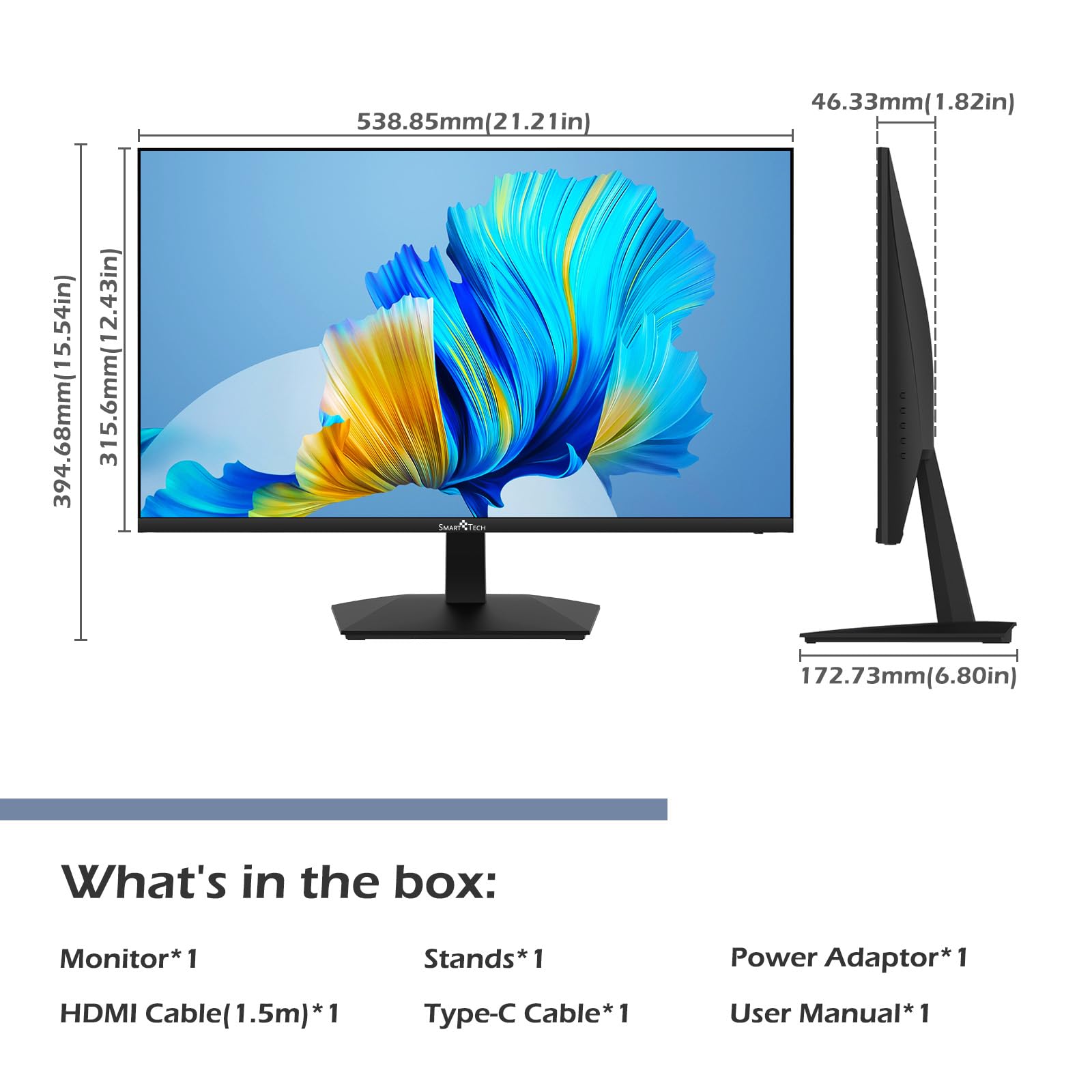 Smart Tech Monitor 24 Zoll, Business PC Bildschirm mit Lautsprecher, IPS Panel, FHD Monitor 1080p, Adaptive-Sync, 4ms, Eye Comfort, VESA 75x75, USB-C HDMI1.4 VGA