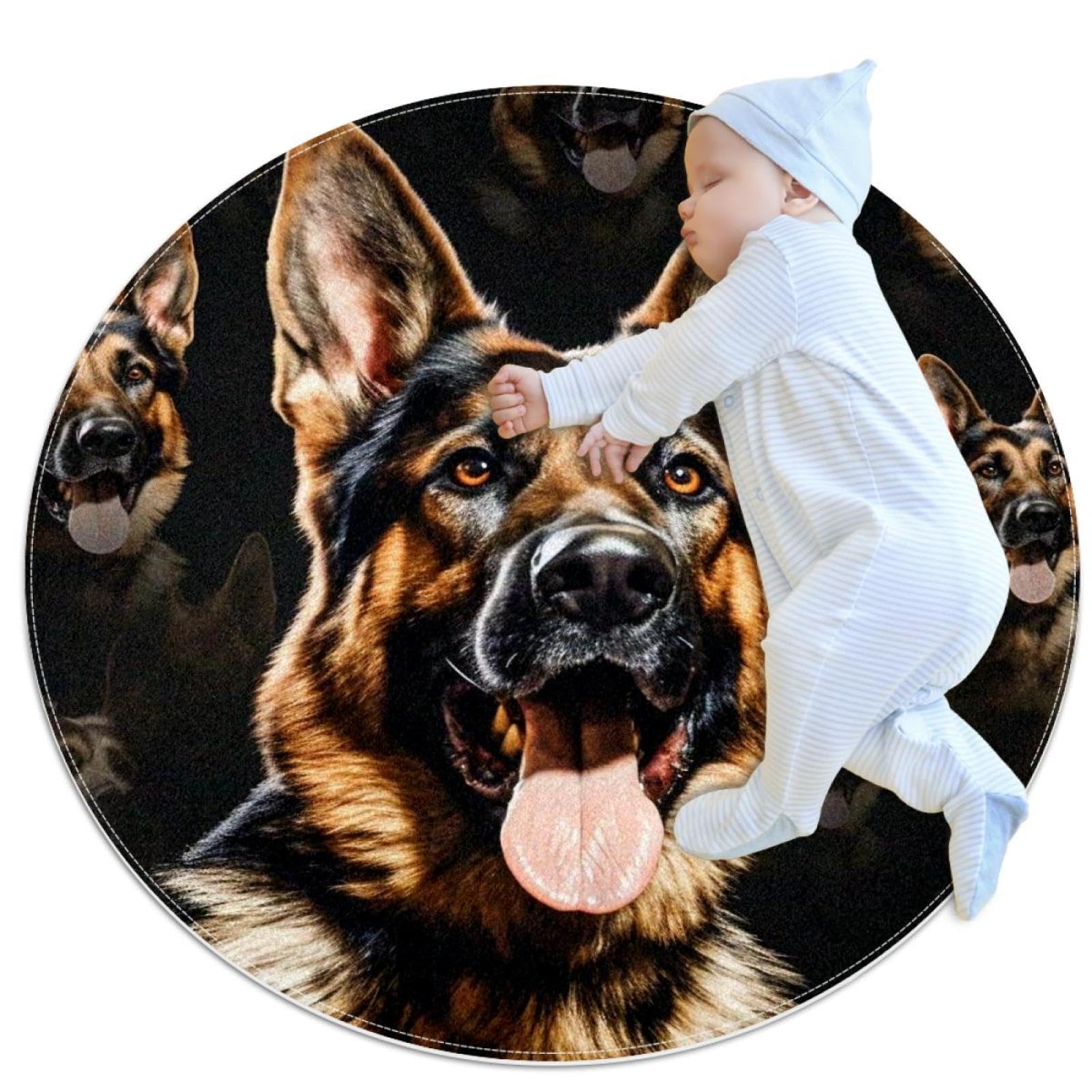 Tapis de salle de bain rond de 1m motif chien de berger et paon pour chambre d'enfant