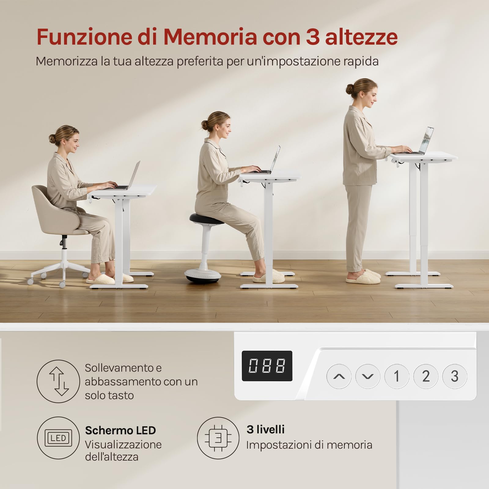 WOLTU Scrivania Elettrica Regolabile in Altezza 72-118 cm, con 3 Memorie e 2 Ganci – Bianco, Silenziosa, Capacità di Carico 80 kg – per Ufficio, Casa, Gaming e Studio, 80x48 cm
