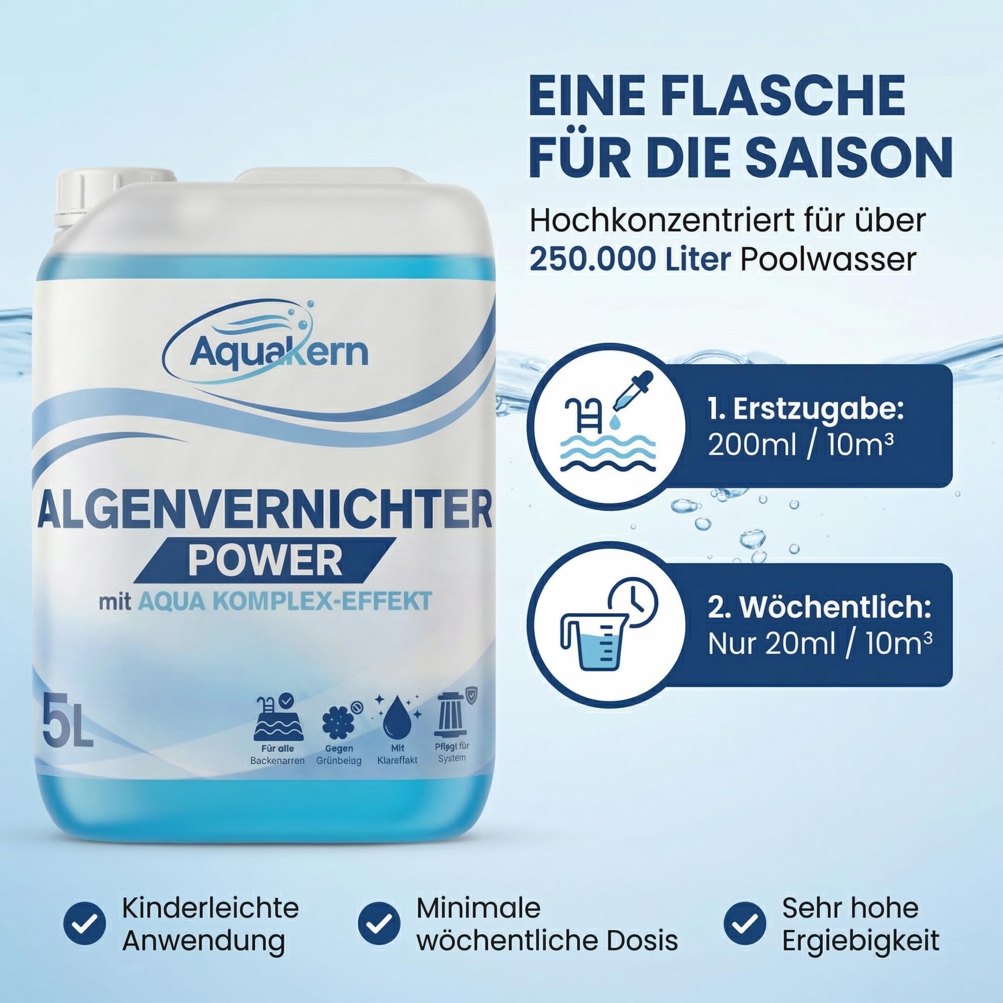Härtestabilisator 5L & Algenvernichter Power 5L [entfernt Kalkablagerungen & Algen im Pool] mit Aqua KLAR KOMPLEX | Schützt die Pooltechnik | bindet Calcium & Metallionen | Made in Germany