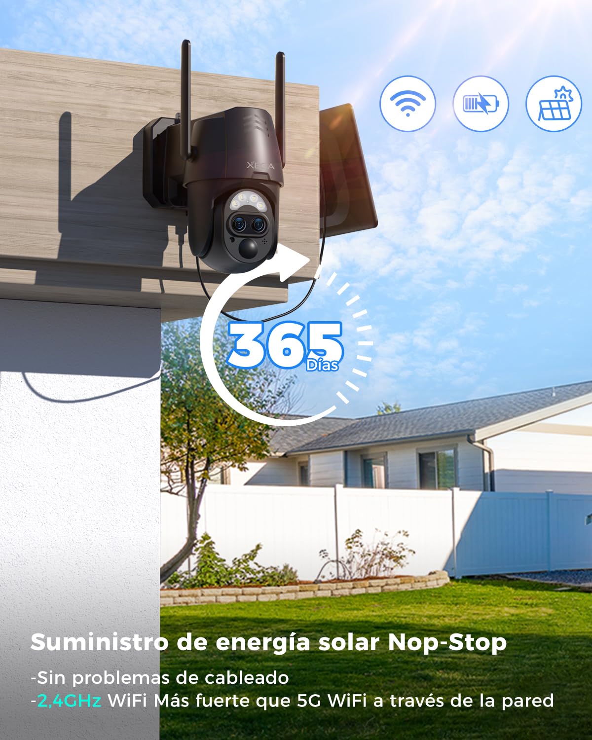 Xega Cámara Vigilancia WiFi Exterior Doble Lentes, 2K Cámara Exterior Solar con【Zoom Híbrido 12X】 AI Detección Humana, Visión Nocturna Color, Audio Bidireccional, 2,4GHz WiFi, 0,2s Alarma, IP66 | 2K Cámara Exterior Solar con AI Detección Humana, Visión No