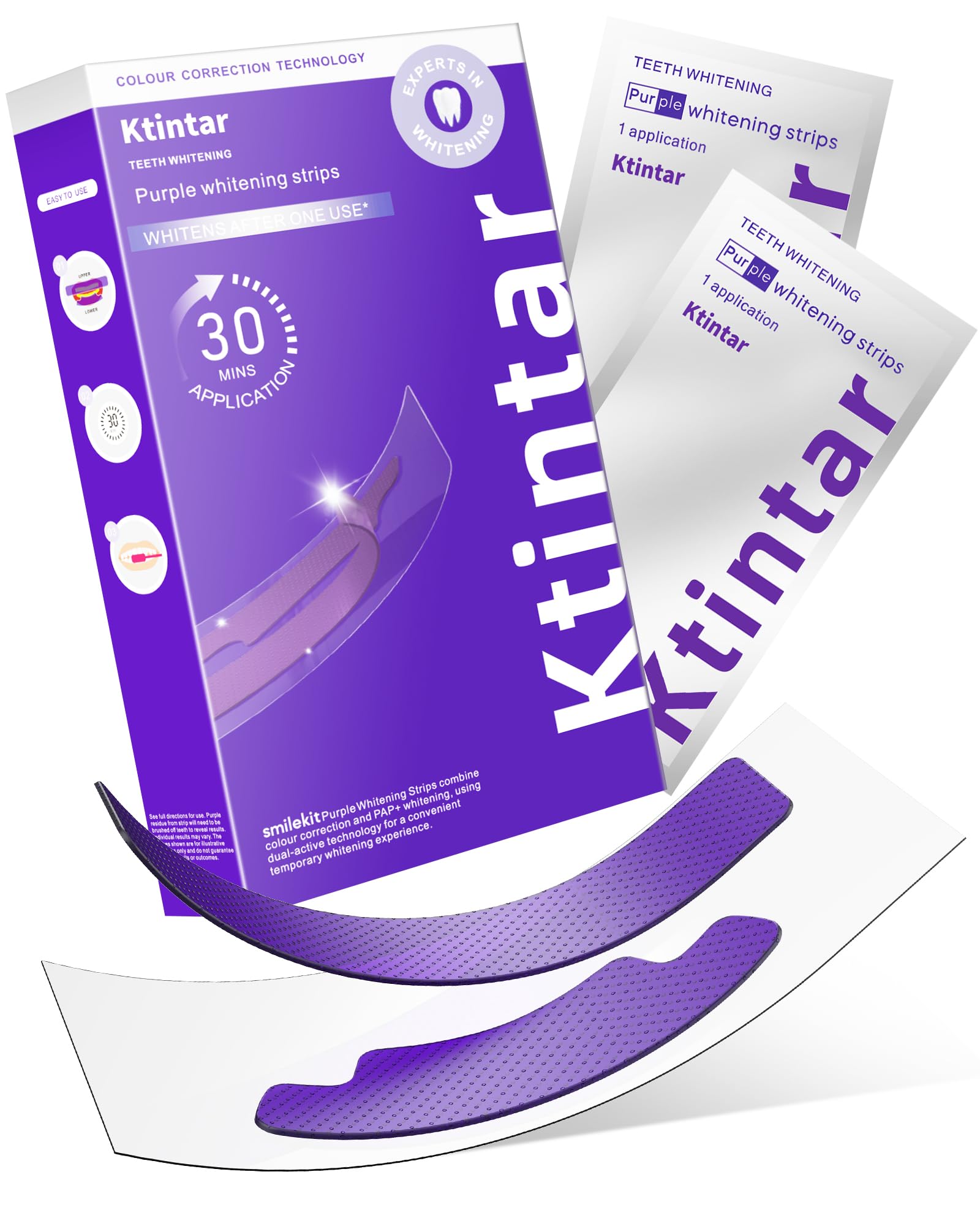 Ktintar Purple Whitening Strips, Color Correcting Purple Teeth Whitening Strips for Sensitive Teeth, Removes Yellow Stains, Enamel Safe, 30 Min Treatment, 14 Treatments, 28 Strips