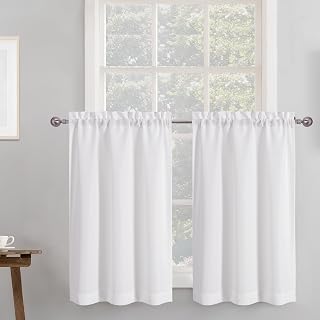 Chyhomenyc White Faux Linen Tier Curtains 30x36 Inch 2 Panels, Light Filtering Kitchen Cafe Curtains for Bathroom Basement Windows