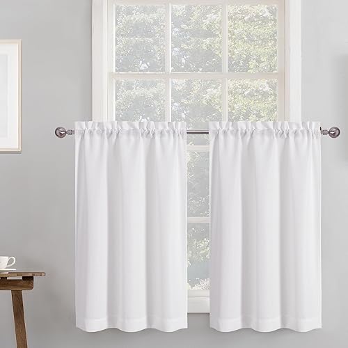 Chyhomenyc 2 Panels White Curtains 24 Inch Length Tier Curtains, Faux Linen Textured Small Cafe Curtains, Light Filtering Short Camper Curtains for RV Window Bathroom, 30x24 Inch, 2PCS