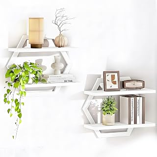 2er-Set Wandregal Holz und Metall,Schweberegal,Regalbrett,Dekorativ Regale für Wände,Hängeregale für Wohnzimmer,Schlafzimmer,Küche,Büro (Weiß)