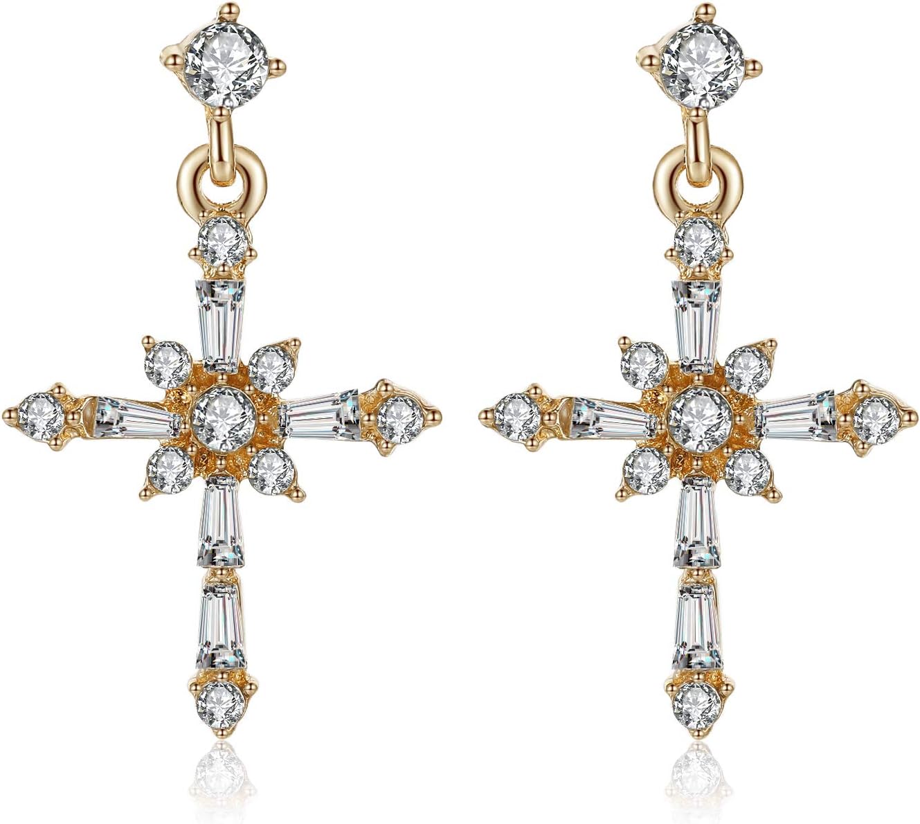 Kruckel Gold Drop Earrings for Women with 925 Sterling Silver Post, Rhinestone Gold Cross Love Statement Stud Earring, Great for New Year Easter Baptism Wedding Anniverary Retirement Gift for Woman