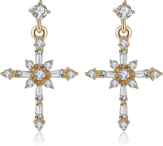 KRUCKEL Cross Christ Sparkling Earrings - Dangle Drop Cross Earrings for Women - Gifts for Her, Love with Wife, Mother, Girlfriend, Christmas, Valentines Day - Gold Plated
