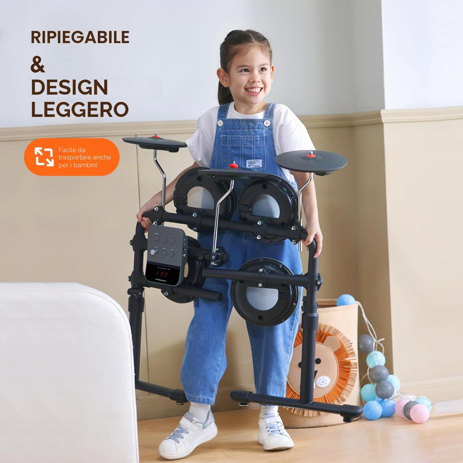 HAMPBACK MK-0 PRO - Batteria elettronica con 4 pad in mesh silenziosi, 3 piatti in gomma, cassa, 12 kit e 68 suoni autentici, USB MIDI, sgabello, bacchette, cuffie, 2 pedali per principianti, bambini