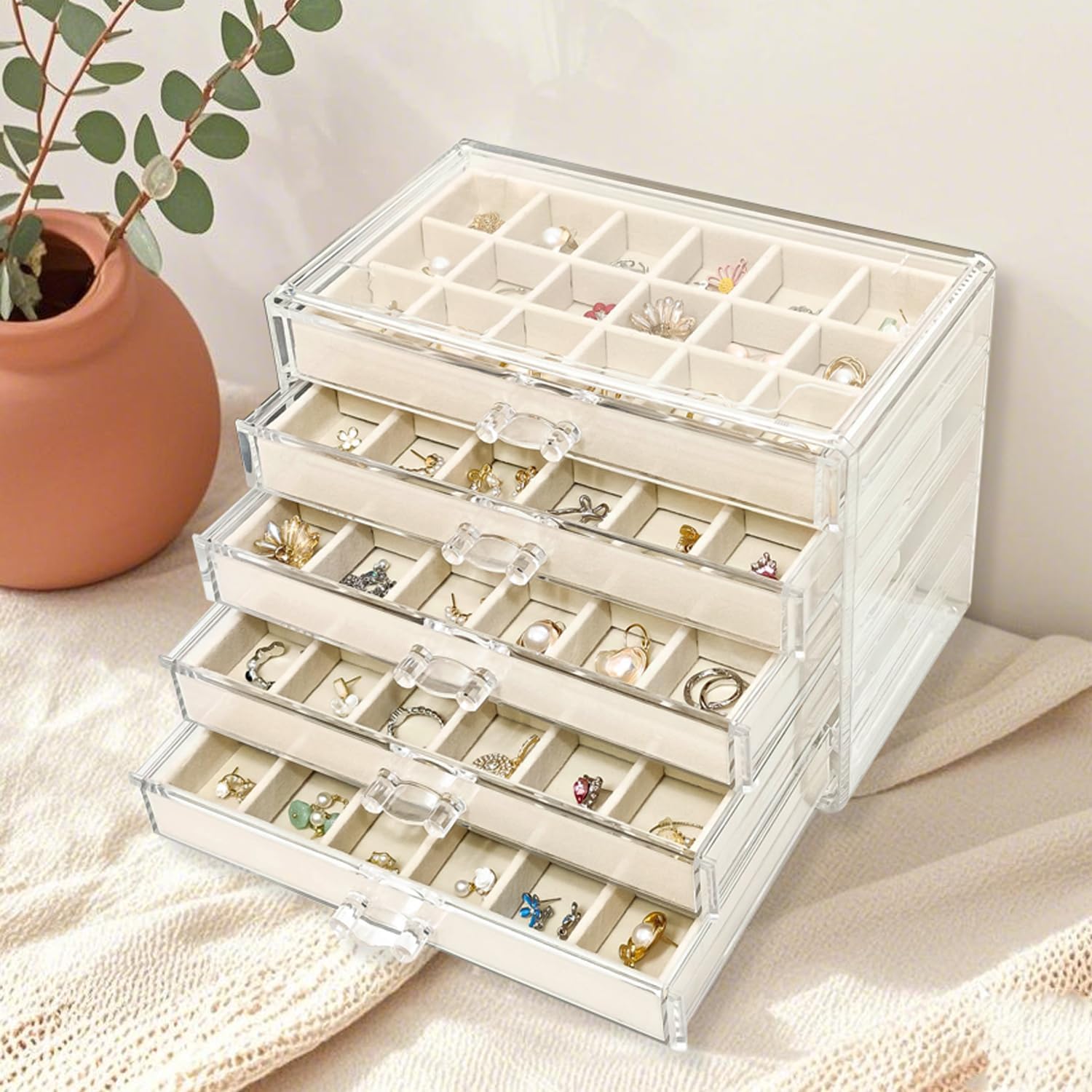 Acrylic Earring Holder Organizer with 5 Drawers Clear Earring Organizer Box with 90 Adjustable Grids Velvet Earring Display Case Jewelry Organizer for Earrings Rings Studs (Beige)