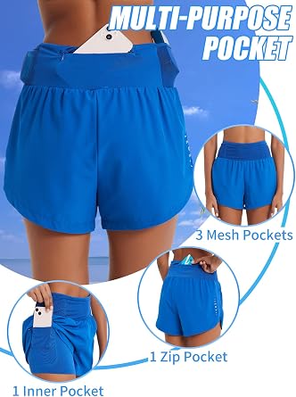 Running Shorts Womens 2 in 1 Sports Shorts with Zipper Pocket Swim Shorts Ladies for Workout Training Yoga Jogging