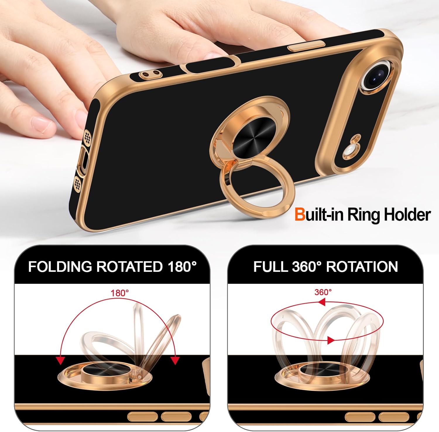 Hython for iPhone Air Case with Ring Stand, 360° Rotatable Ring Holder Magnetic Kickstand, Plating Rose Gold Edge Soft Cover Protective Phone Case for iPhone Air 6.5", Black - Image 4