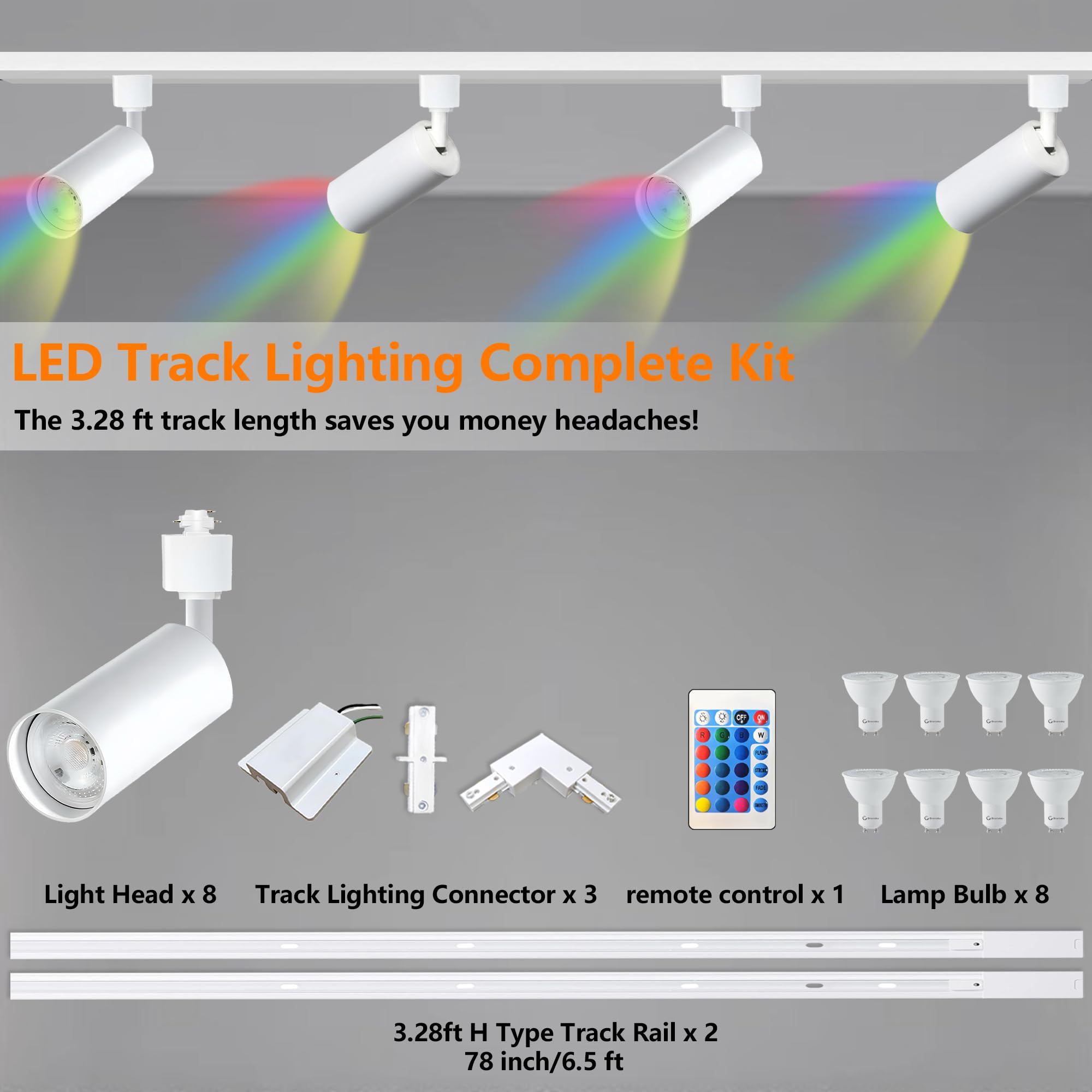 Bravsekai GU10 16-Color RGB Track Lighting Kit, 8-Pack Colour-Changing Spotlights with 2x1.5M H-Rail - Image 2