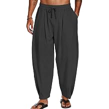 Mens Cotton Linen Harem Pants Casual Loose Trousers Elastic Waist Drawstring for Summer Beach with Pockets