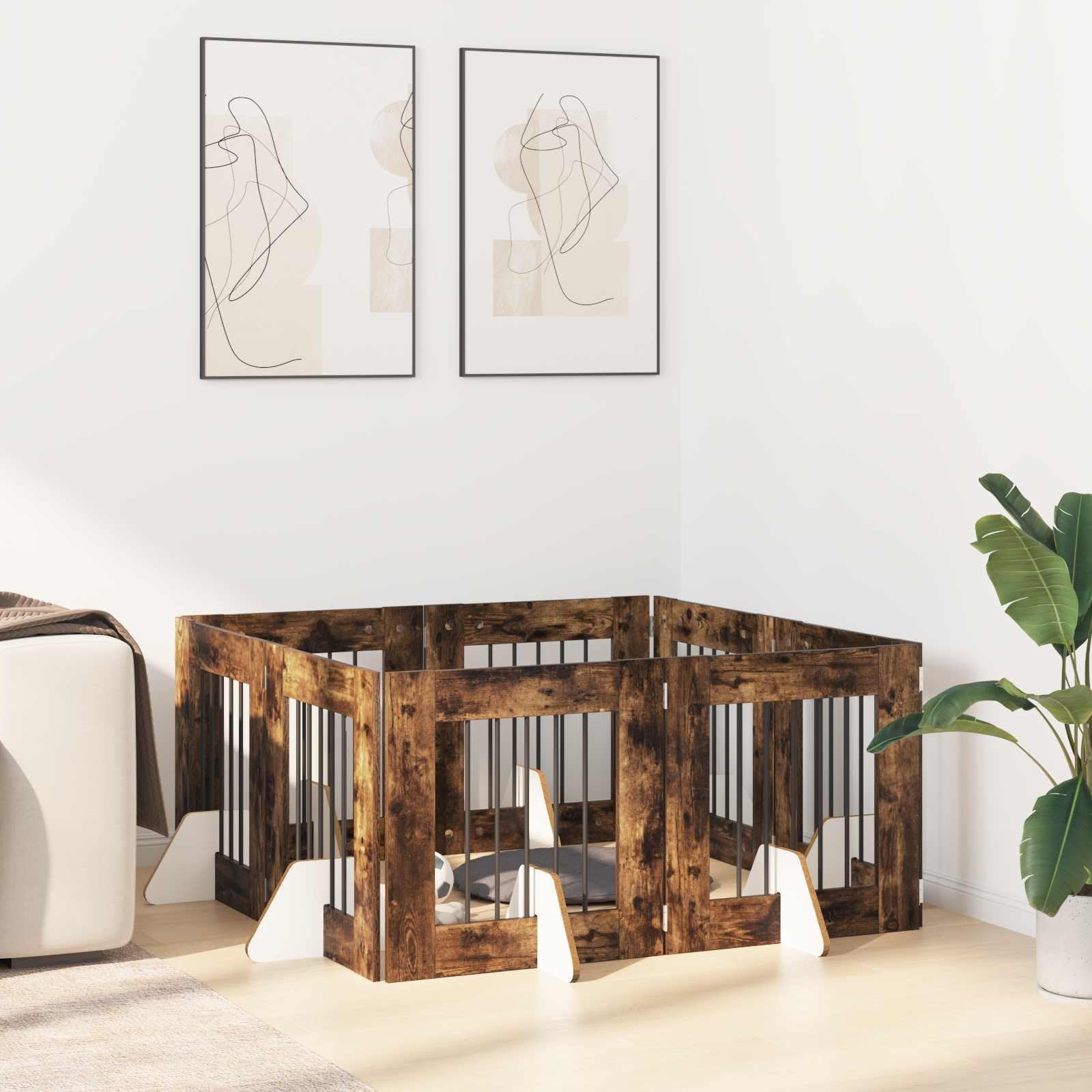 Portería para perros con soporte, 8 piezas de roble ahumado, 60 x 60 cm, plegable y portátil, para interior y exterior, protección segura y barrera para cachorros y perros