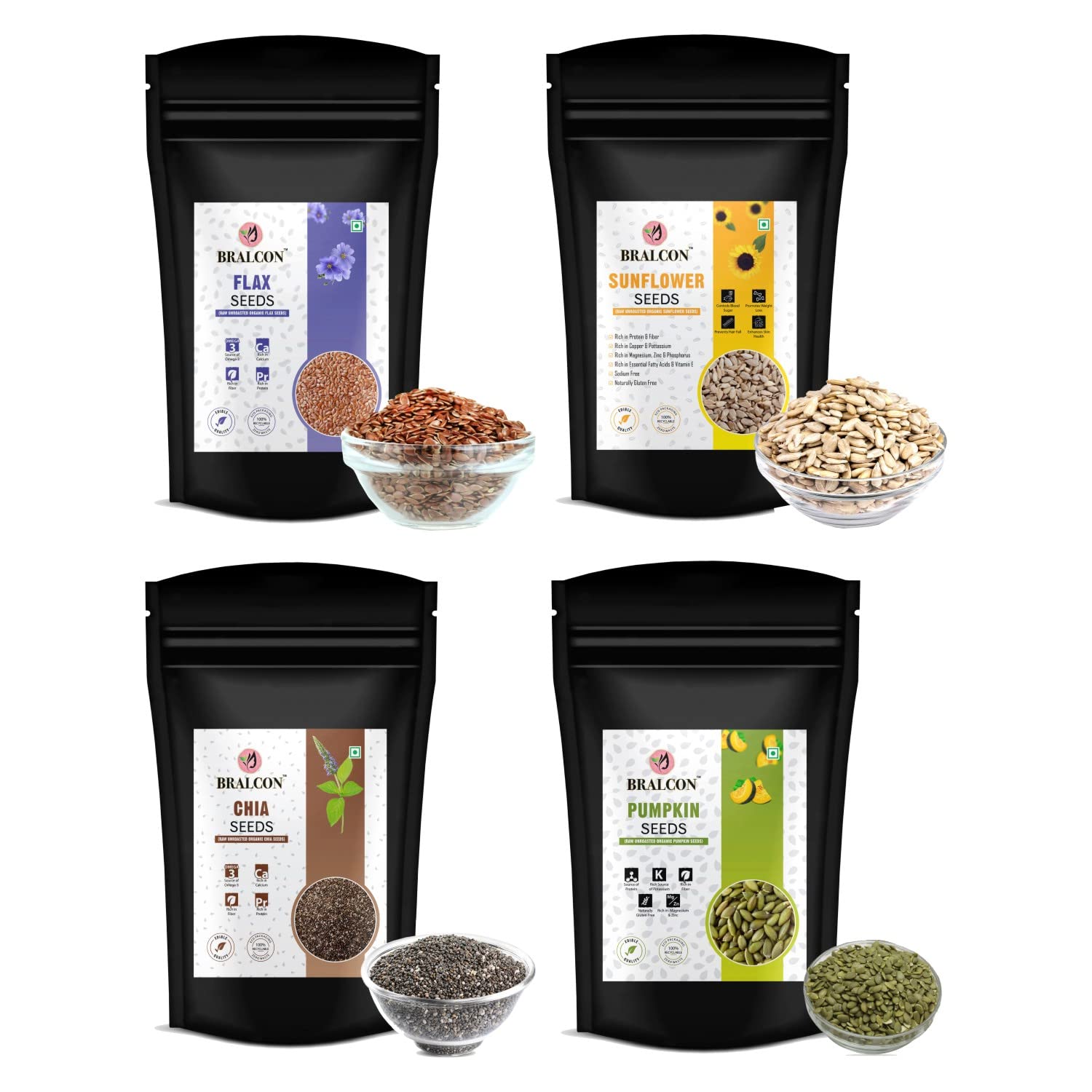 BRALCON Raw Organic Seeds Combo of Chia seeds, Pumpkin Seeds, Sunflower Seeds, Flax Seeds for Eating - 400g (4 x 100g Each Pack) | Ready to Eat Healthy Diet Snacks |Protein and Fiber Rich Superfood (B0BDQP6XJH) Amazon Price History, Amazon Price Tracker