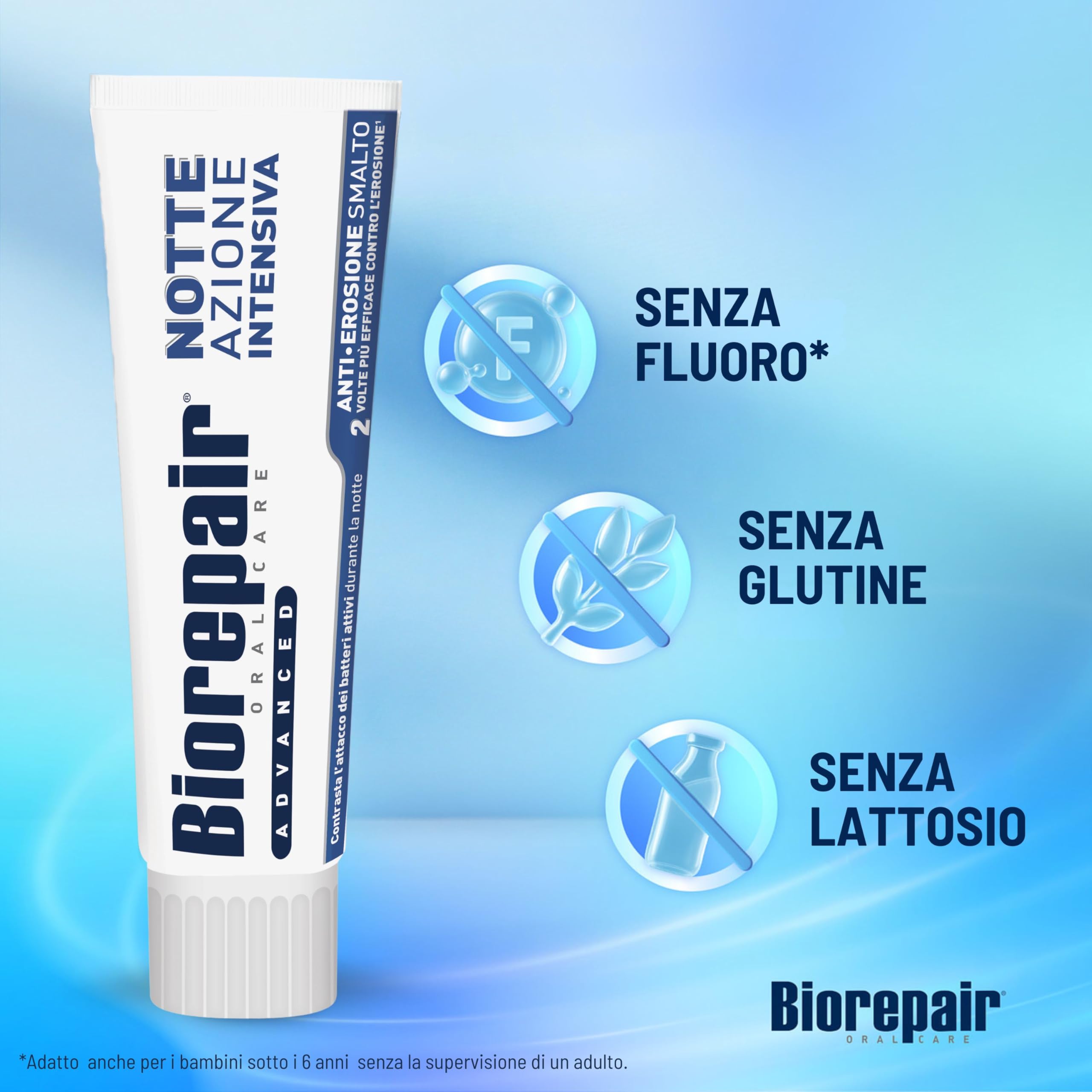 Biorepair, Dentifricio Advanced Notte Azione Intensiva, Anti-Erosione Smalto, Con MicroRepair, Zinco PCA, Xilitolo, Senza Fluoro, 12x75ml