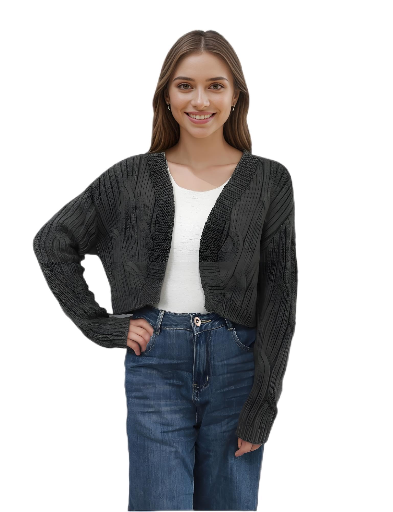 Womens Cropped Wool Cardigan Chunky Knit Bolero Shrug Long Sleeve Open Front Sweater for Fall Winter