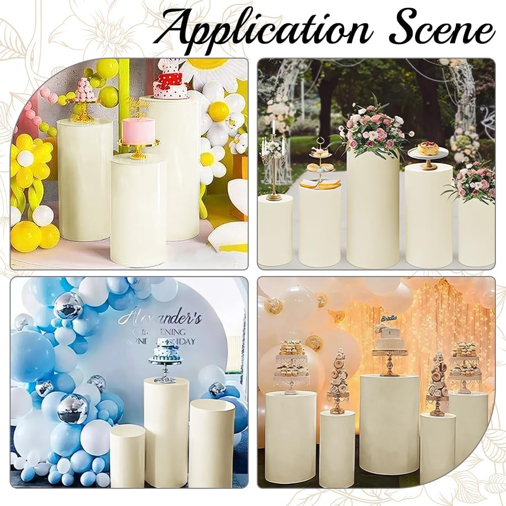 CREATCABIN Set of 3 Beige Cylinder Pedestal Stand Covers Spandex Cylinder Stand Covers Plinth Pedestal Elastic Cloth Event Round Display for Party Backdrop Birthday Wedding(Only Cloth)