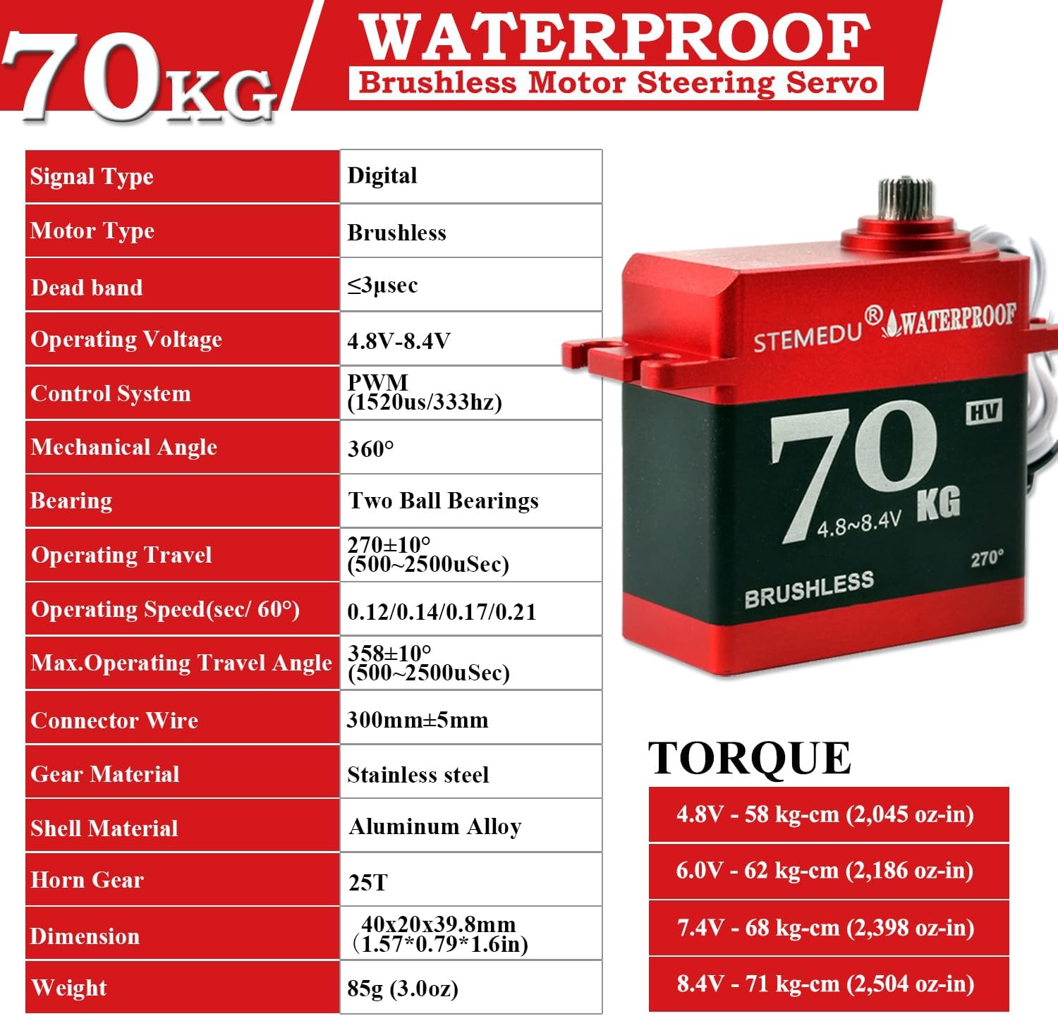 70KG High Torque Servo Brushless RC Digital Servo BLS-HV70MG All-Metal IP67 Waterproof Steering Motor for 1/8 1/10 RC Helicopter Airplane and Buggy Car, 270° Control Angle