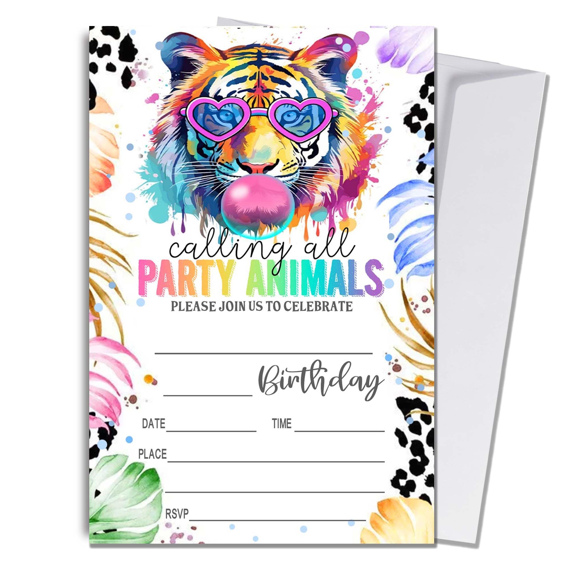 Wybgno Party Animals Birthday Invitations, 20 Pieces Tiger Rainbow Print Invite Cards With Envelopes, Wild Jungle Animal Zoo Safari Birthday Invite
