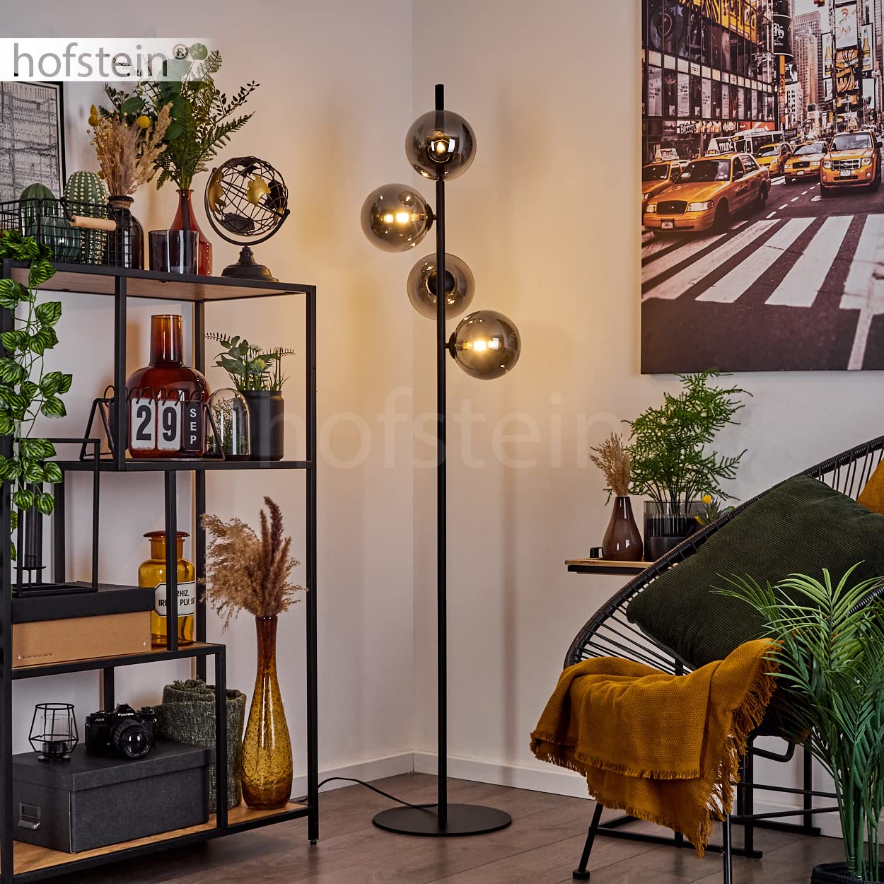 Stehleuchte Remaisnil, moderne Stehlampe aus Metall/Glas in Schwarz/Rauchfarben, moderne Bodenlampe im Retro/Vintage-Design mit Fußschalter am Kabel, 4-flammig, 4 x G9, ohne Leuchtmittel