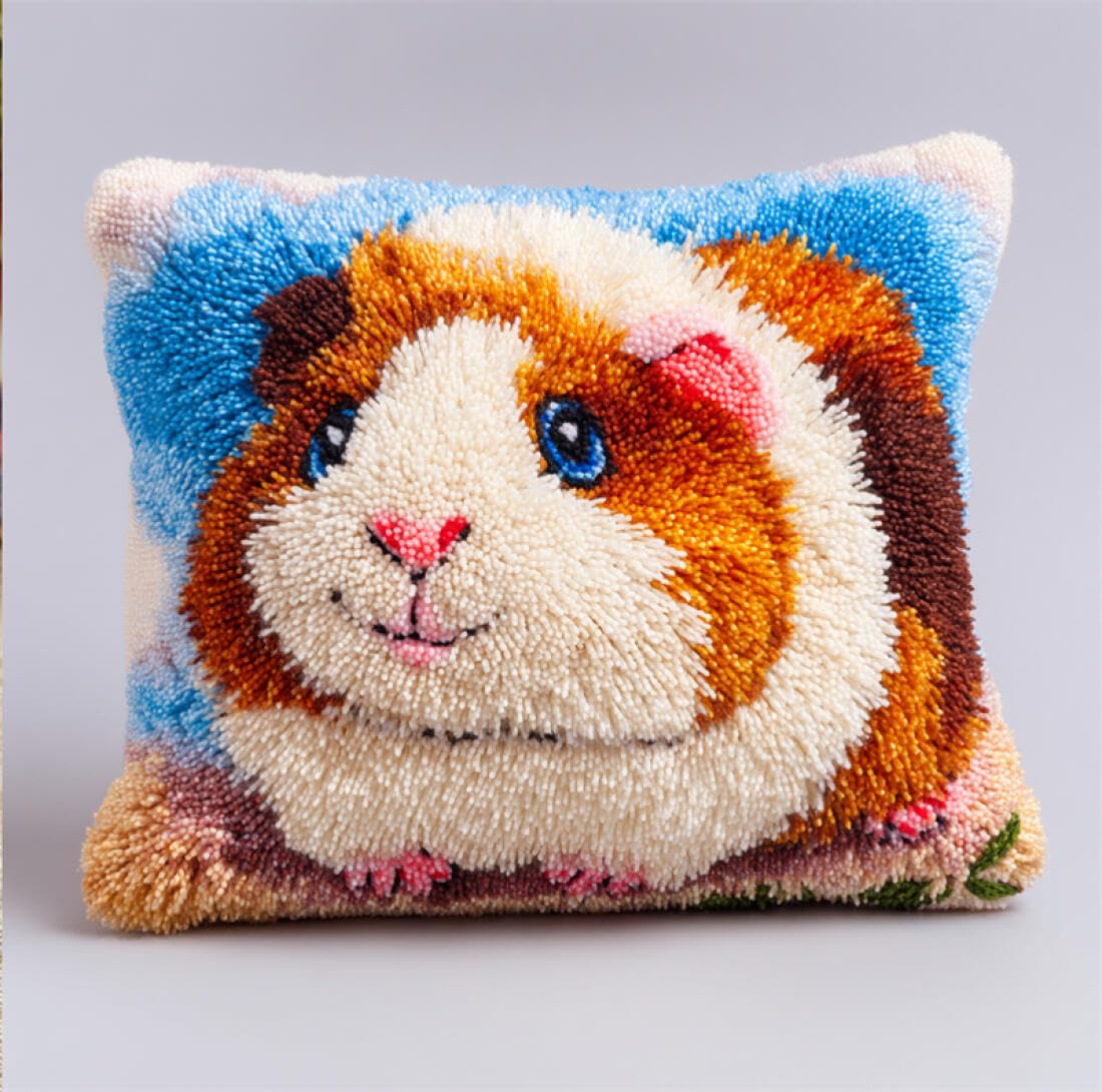 Kitquiver Animal Latch Hook Cushion Kits Cartoon Guinea Pig DIY Latch Hook Kits Pillowcase Embroidery,Knitting,Gift for Adults/Beginners 17x17In
