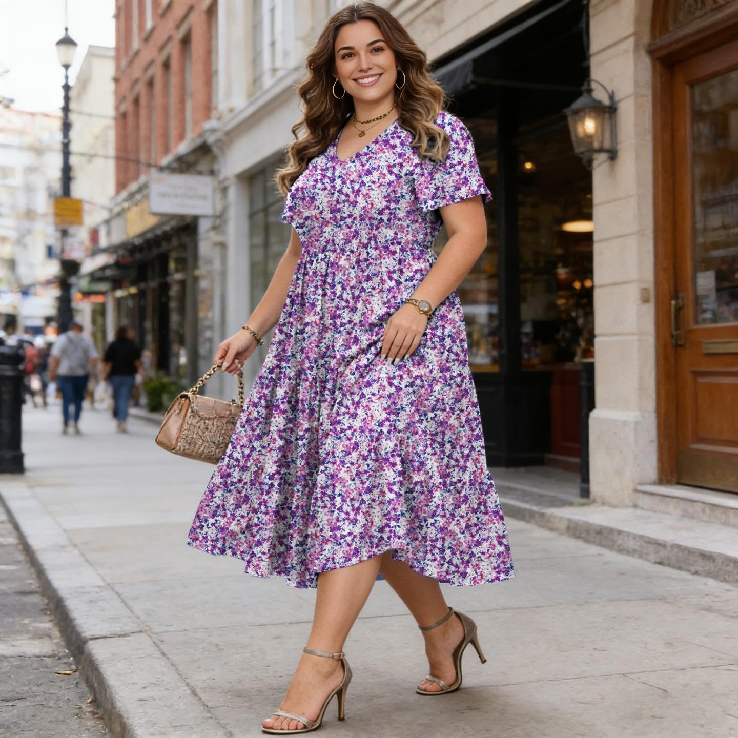 Women's Plus Size Maxi Dress Floral Summer Tiered Dresses V-Neck Aline Short Sleeve Casual Long Dress with Pockets
