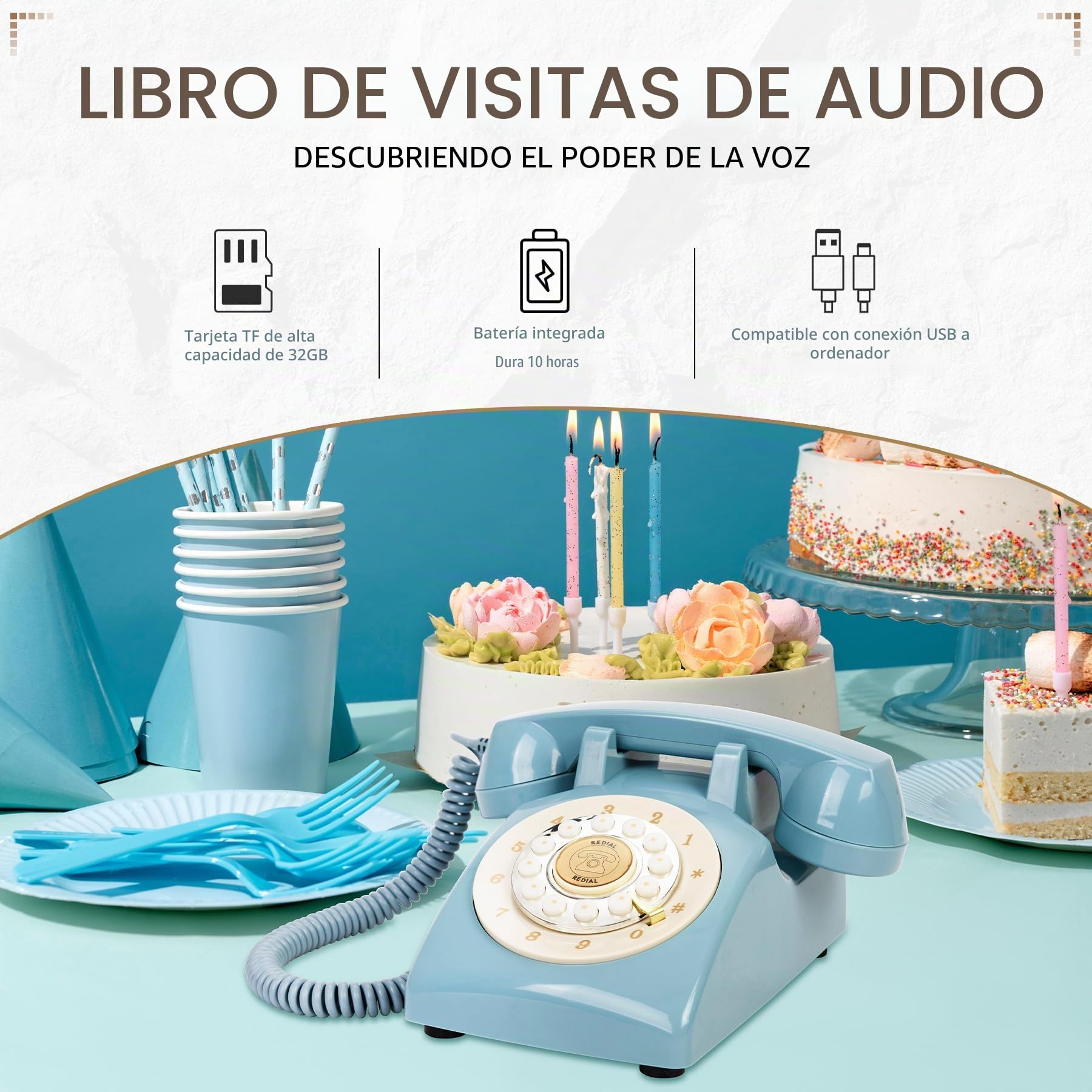 Libro de invitados de audio FiayaCom, teléfono para boda, 32GB de memoria, mensajes de audio personalizados, volumen ajustable, con función de reproducción de mensajes, adecuado para todo tipo de