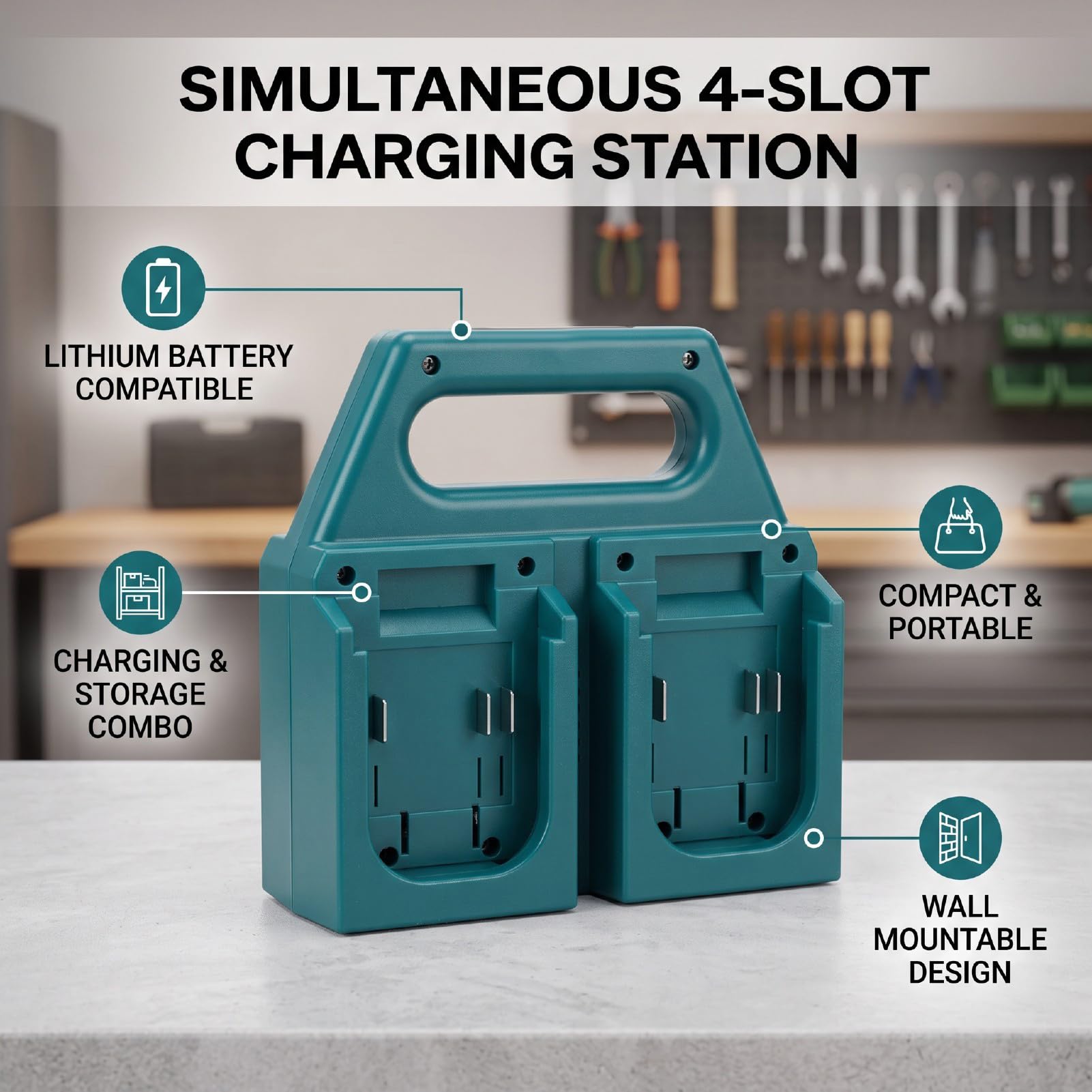 Garosa Caricabatterie a 4 Slot per Utensili Elettrici, Stazione di | Con Maniglia, Supporto Integrato per Batterie e Design Compatto, Facile da Trasportare