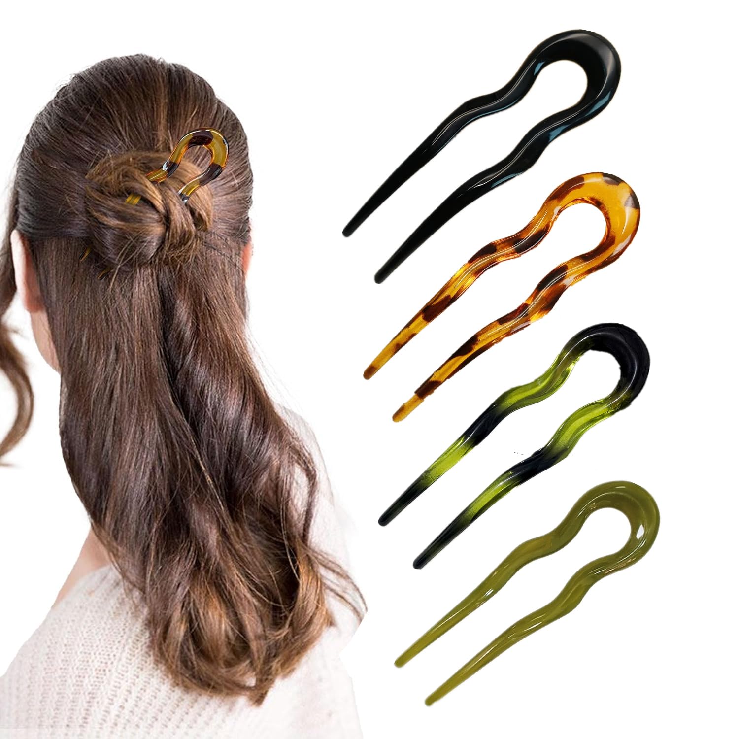 4 Pack French Hair Pins for Women, U Shaped French Twist Hair Pin, 1.4 x 5.13 Inch Lightweight Plastic Hair Fork, Non Slip Hair Pin for Fine Hair Thick Hair, Hair Accessories for Buns Updos