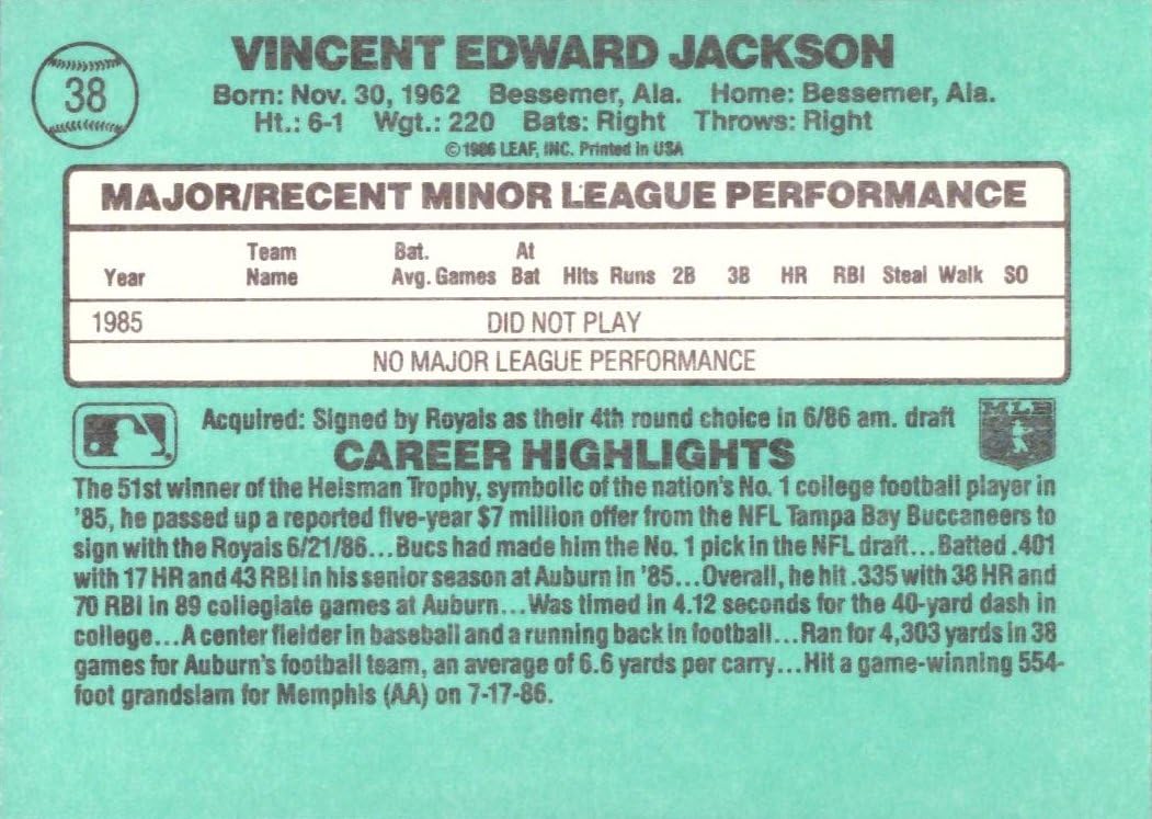 1986 Donruss the Rookies Baseball #38 Bo Jackson Rookie Card