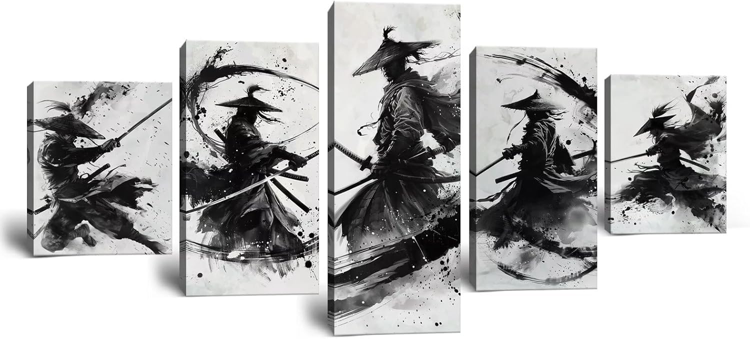 Japanese Samurai Wall Art Black and White Warrior Wall Decor Prints Vintage Japanese Cultural Samurai Pictures Canvas Painting Framed for Living Room Office Home Artwork Framed (60''W x 32''H)