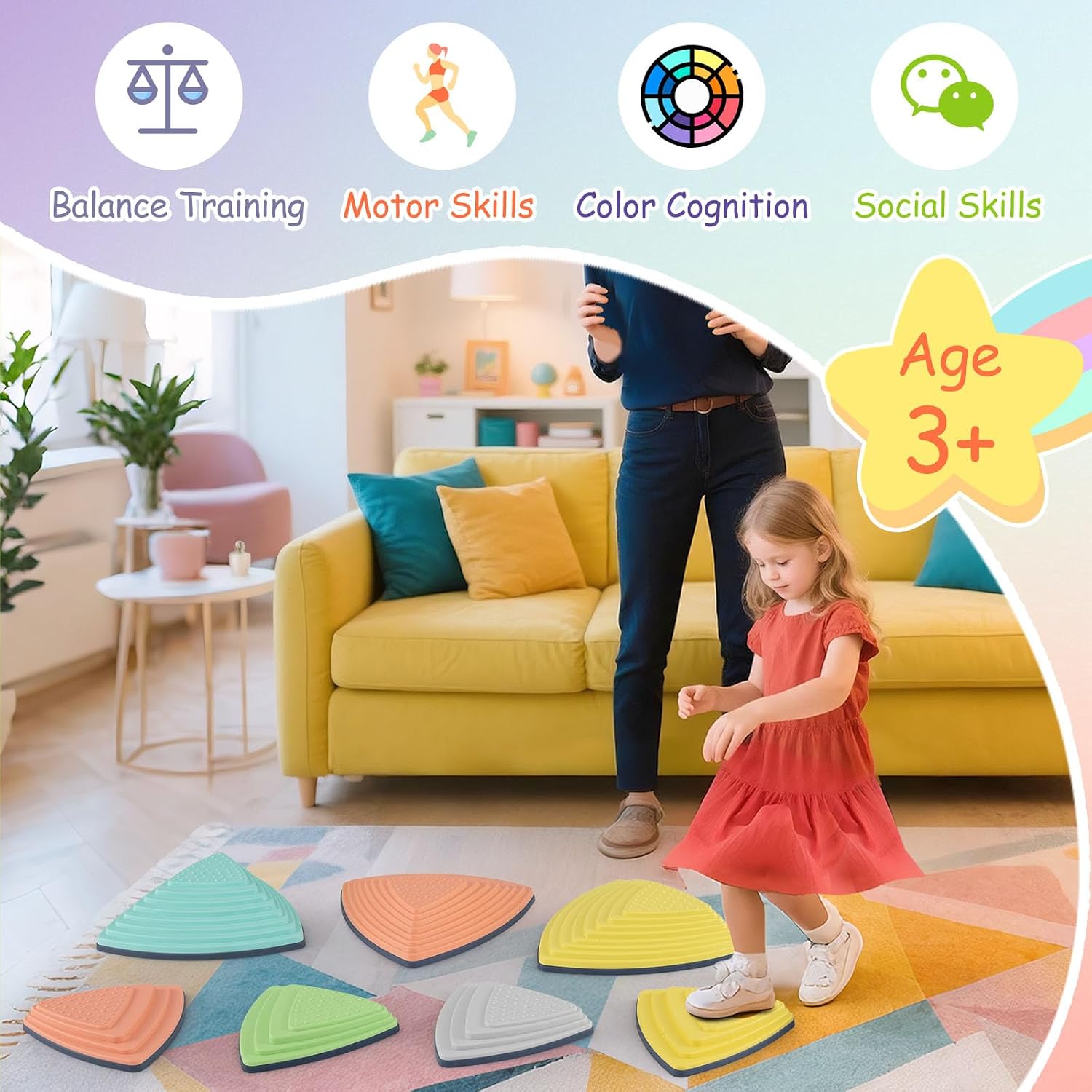 HONEY JOY 11 Pcs Stepping Stones for Kids, Non-Slip Toddler Sensory Balance Blocks, Obstacle Courses for Children's Coordination, Motor Skills, Indoor Outdoor Stackable Balance Toys, for Kids Aged 3+