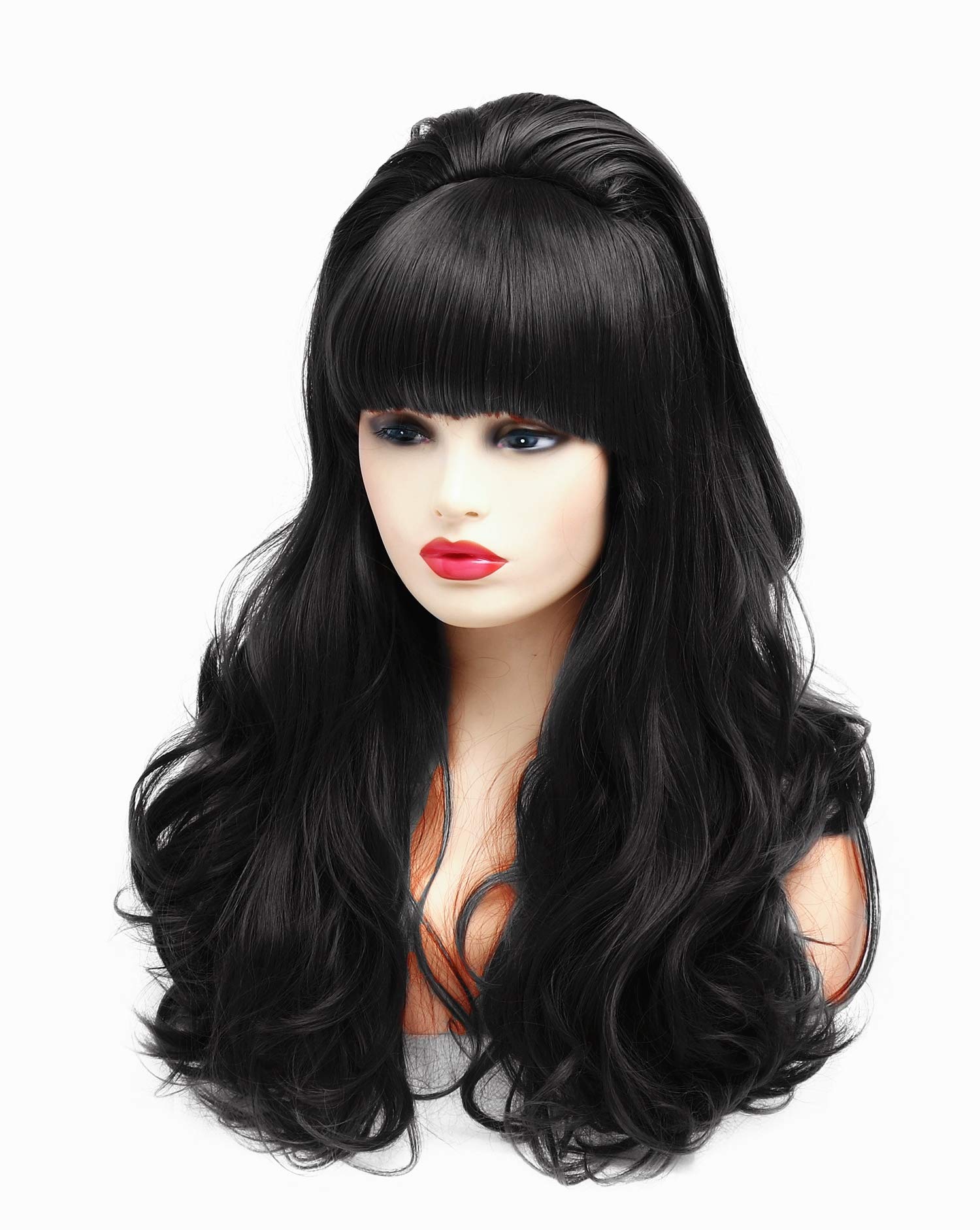 Rugelyss Long Wavy Black Wig with Bang Big Bouffant Beehive Wigs for Women fits 80s Costume or Halloween Party