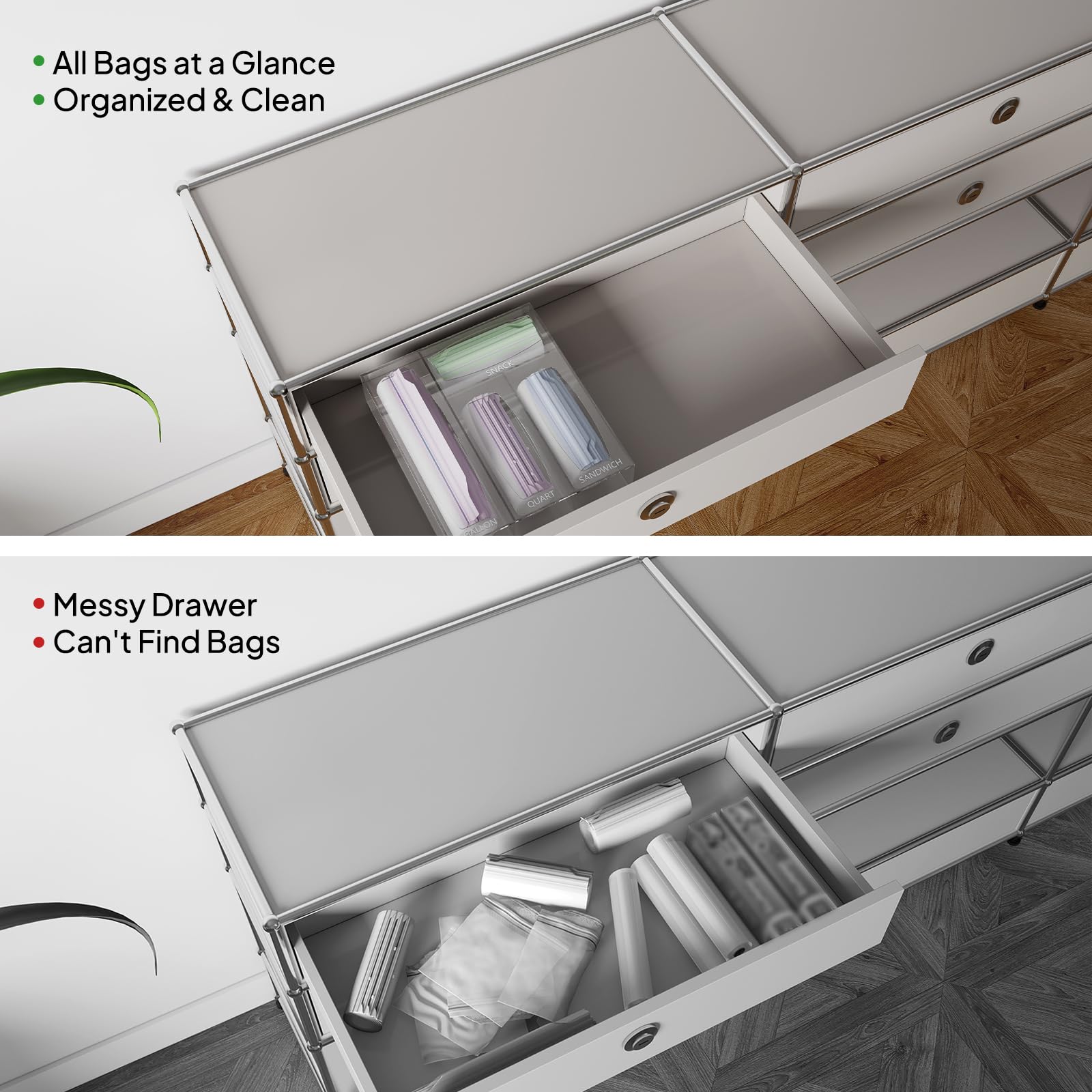 Aquiver Organizer per sacchetti in acrilico, organizer per cassetti e sacchetti in plastica per alimenti, compatibile con galloni, quarti, sandwich, snack, congelatore, sacchetti scorrevoli