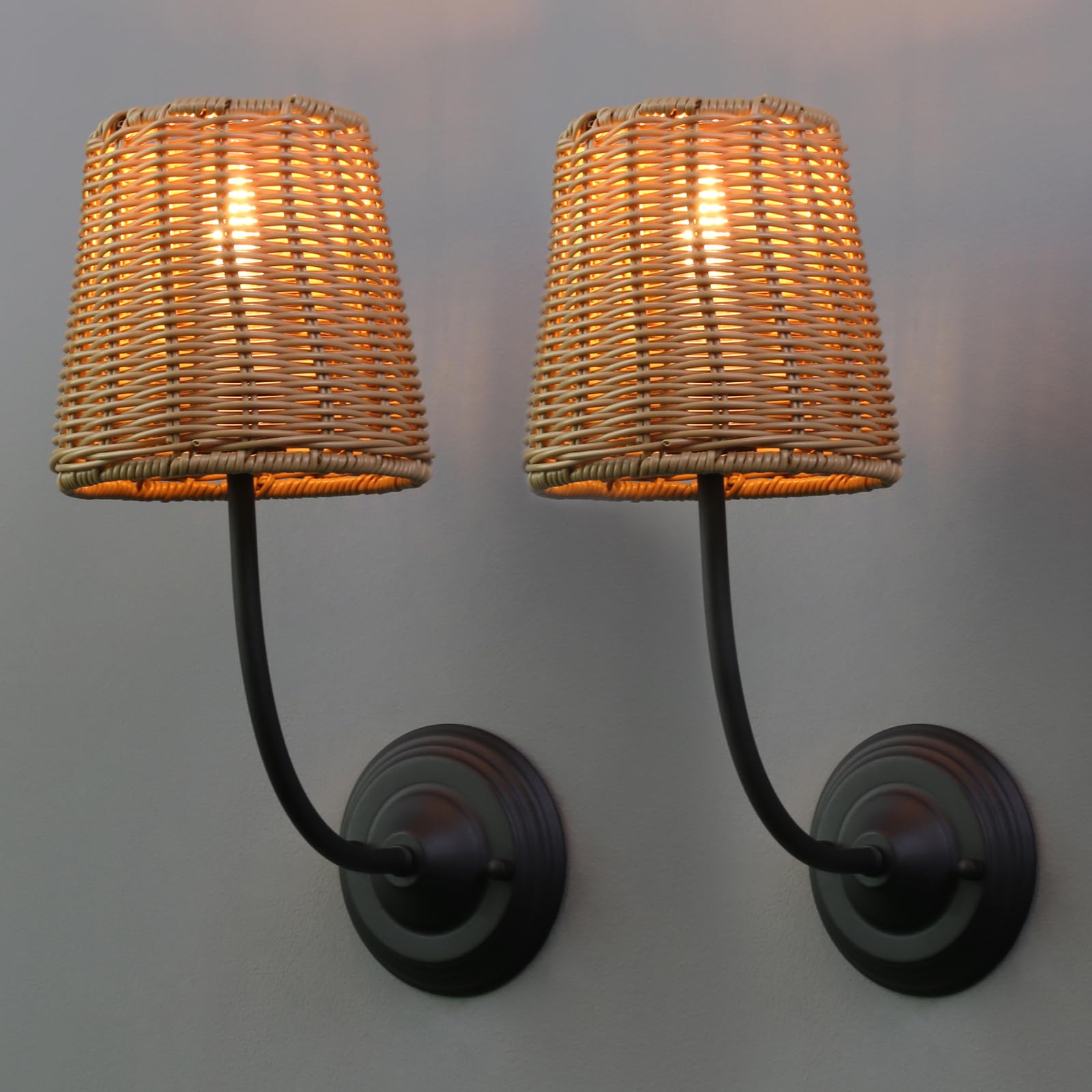 Yosoan 2 Pack of Vintage Artificial Rattan Wall Lights,Industrial Wall Lamp for Bedroom Living Room Hallway (Black)