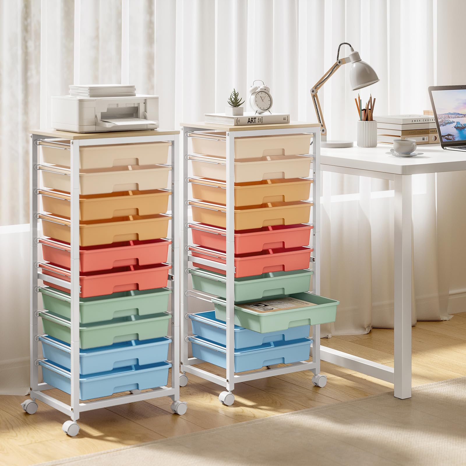 SYKIARIOL Aufbewahrungswagen mit 10 Schubladen, Kunststoff-Schubladen auf Rädern, Kunst- und Bastelwagen mit Holzplatte, Bastel-Organizer für Marker, Büro, Schlafsaal, Kinderzimmer, Regenbogen