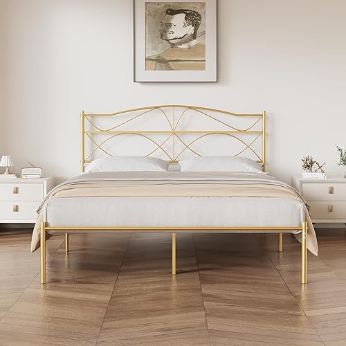 Miniatura 26 de VECELO Base de cama de plataforma metálica de tamaño matrimonial con cabecera y estribo, base de colchón de soporte de listones resistentes, no