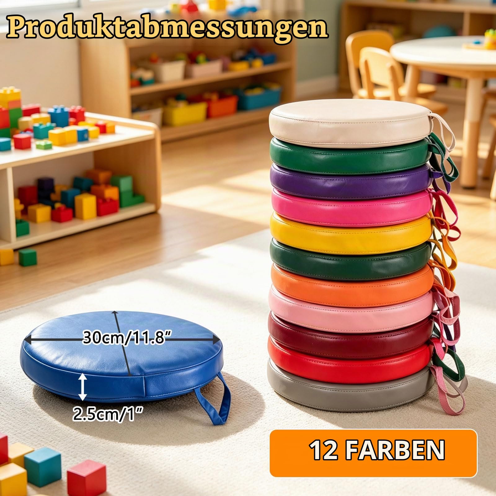 12er-Pack Kinder-Bodenkissen, Schaumstoffsitz mit Griff und abnehmbarem Bezug, flexible Sitzgelegenheiten für Klassenzimmer, Grundschule, Regenbogenfarben, für Tatami-Kindertagesstätten, Meditation