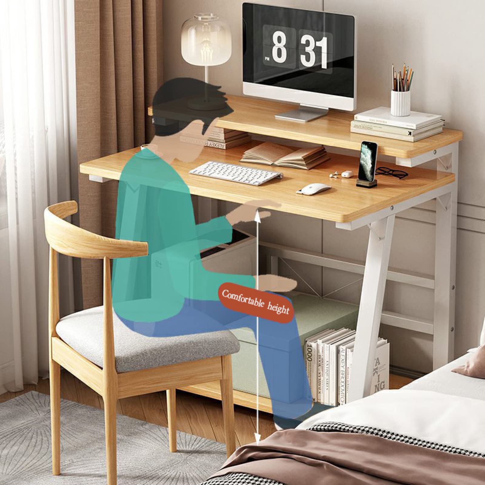 Scrivania per Computer in Rovere con Supporto per Monitor e Ripiani portaoggetti. Piccolo Tavolo da Studio per Ufficio Domestico, postazione di Lavoro compatta per spazi ridotti.