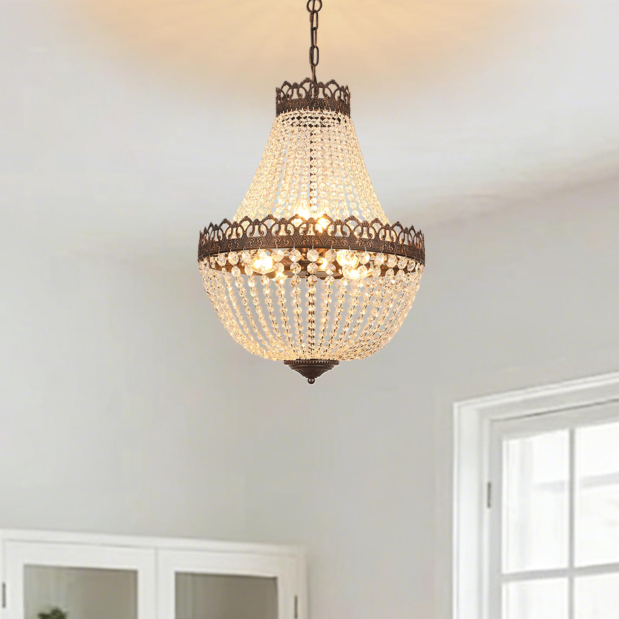 Kronleuchter Kristall Vintage,E14 Lüster Chandelier mit Verstellbarer Kette 100cm,6-Licht Pendelleuchte Esstisch,Antik Schwarz-Gold Deckenlampe Hängend for Hängelampe Esstisch,60W,Ø46cm.