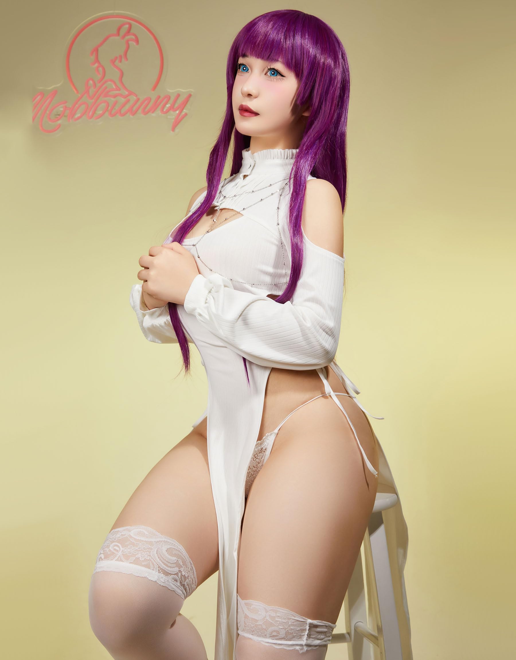 Mobbunny Women's Anime Cosplay Dress Cutout High Slit Dress and Thong with Stockings Chest Chain